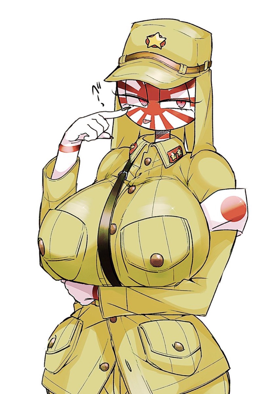 1girls, 2d, breasts, clothed, countryhumans, countryhumans girl, female, hand on belly, holding up breasts, japanese empire (countryhumans), japanese text, kuzuyu (artist), large breasts, military uniform, sticking out tongue, tagme