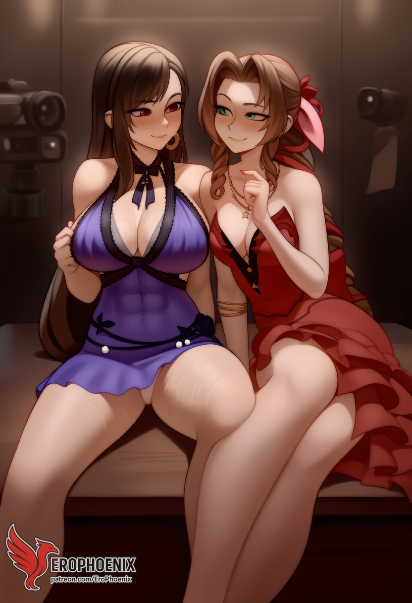 2d 2girls aerith_gainsborough ai_generated ass barefoot big_ass big_breasts blush bra breasts couch dress erophoenix feet female female_focus final_fantasy final_fantasy_vii final_fantasy_vii_rebirth final_fantasy_vii_remake indoors jewelry large_breasts long_hair multiple_girls naked navel panties patreon_username purple_bra purple_panties red_bra red_eyes red_panties sitting small_breasts smile soles sweat sweating thick_thighs thighs tifa_lockhart underwear yuri