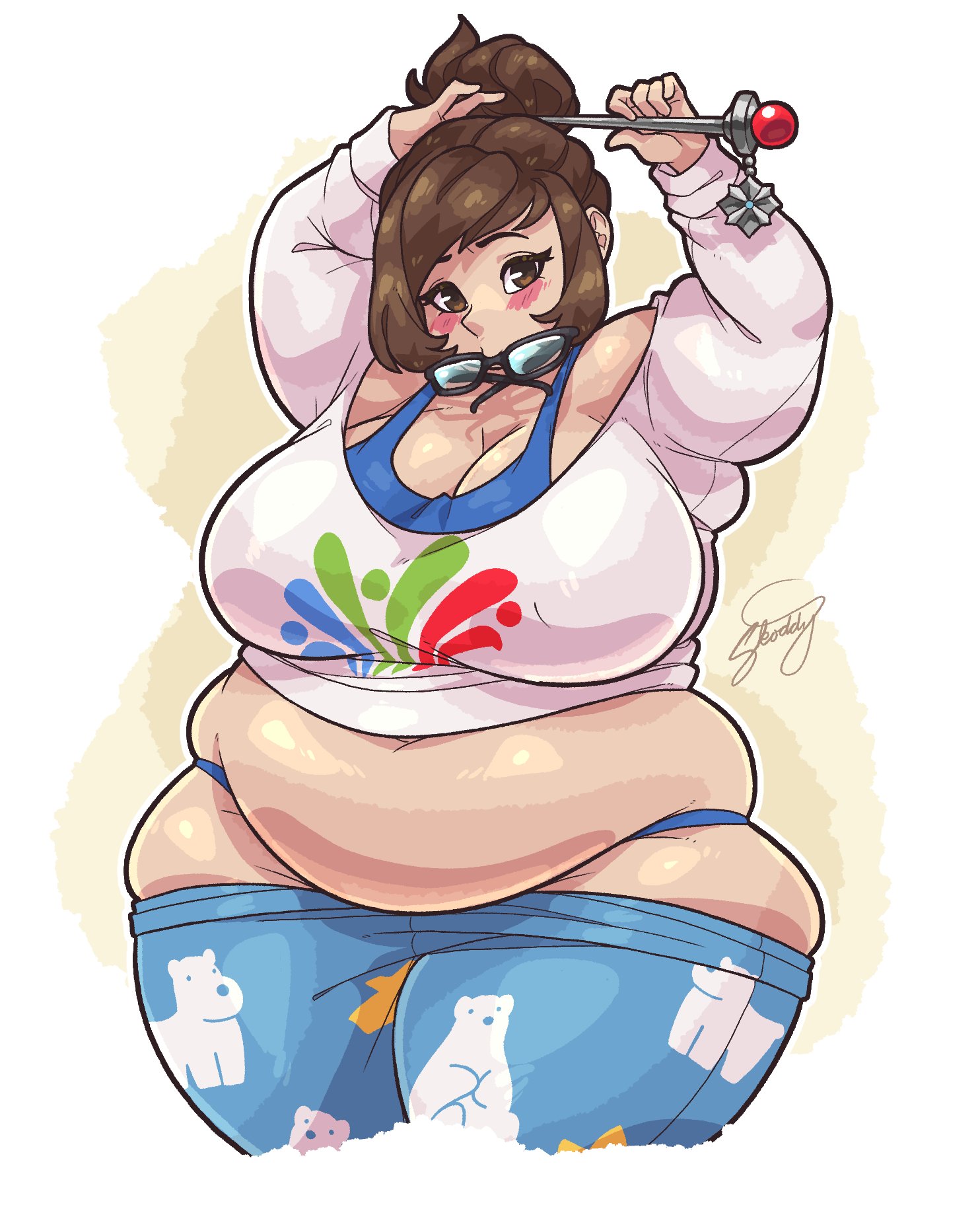 1girls, 2d, ass, belly peeking out, big ass, big belly, big breasts, big butt, blue panties, blush, breasts, brown eyes, brown hair, chubby, chubby female, color, colored, female, glasses, hair ornament, hanging belly, long hair, mei (overwatch), overwatch, overwatch 2, overwatch archives, overweight, pajamei, panties, pants down, sketchytodd, thick thighs