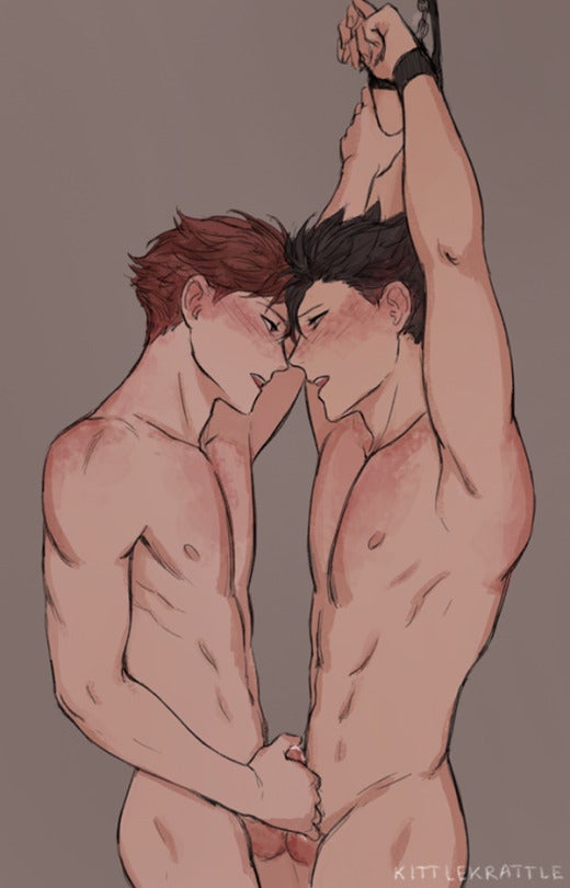 2boys, balls, black hair, brown hair, completely naked, completely nude, haikyuu!!, kittlekrattle, kuroo tetsurou, male, male focus, masturbation, muscles, muscular, muscular male, naked, naked male, nude, nude male, oikawa tooru (haikyuu!!), open mouth, penis, teenager, tied up, yaoi, young, younger male