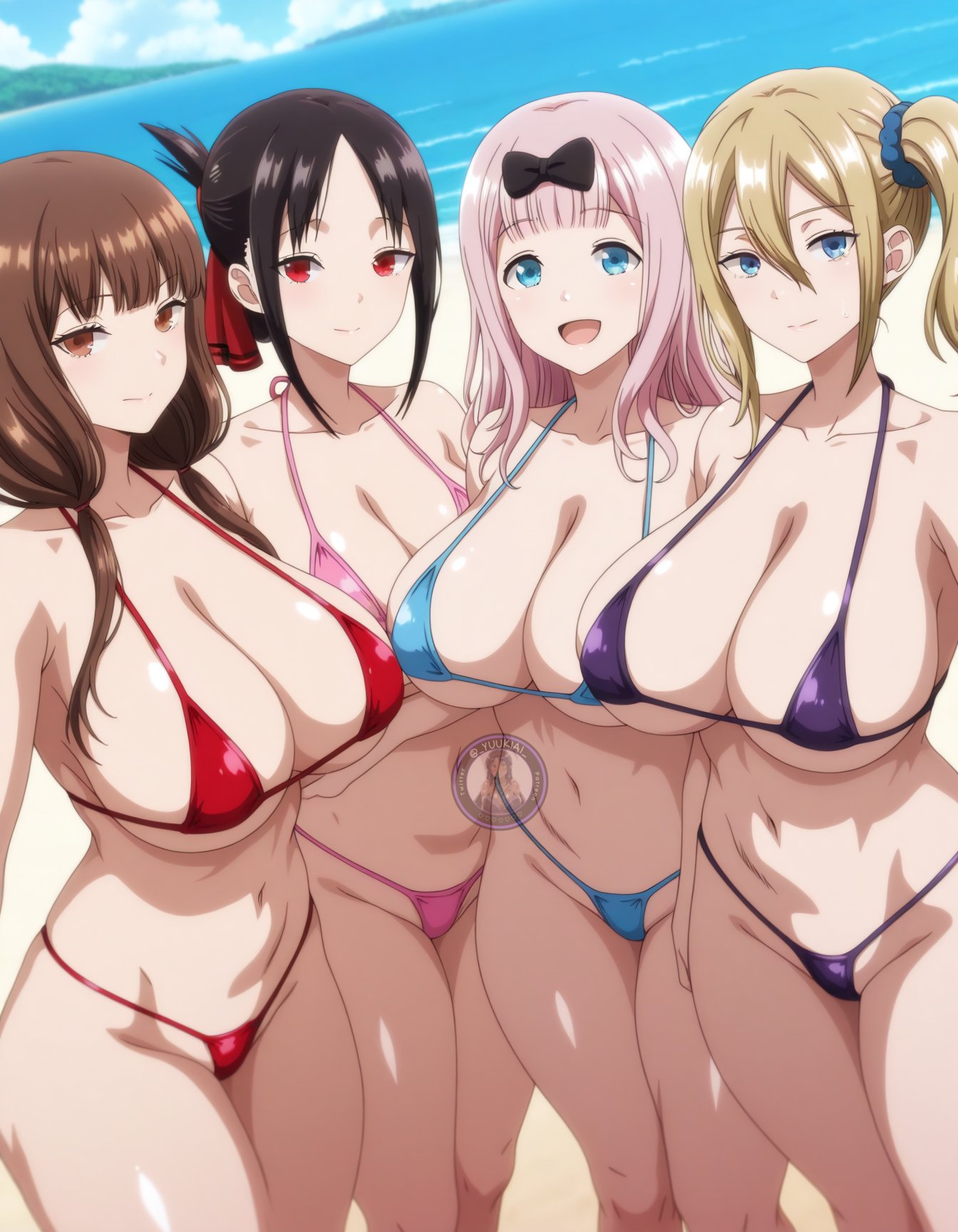 4girls, ai generated, beach, bikini, breasts, female, female only, fujiwara chika, hayasaka ai, iino miko, kaguya-sama wa kokurasetai ~tensai-tachi no renai zunousen~, large breasts, light skin, light-skinned female, looking at viewer, pink hair, shinomiya kaguya, shiny skin, swimsuit, thick thighs, thighs, wet, wide hips, yuukiai