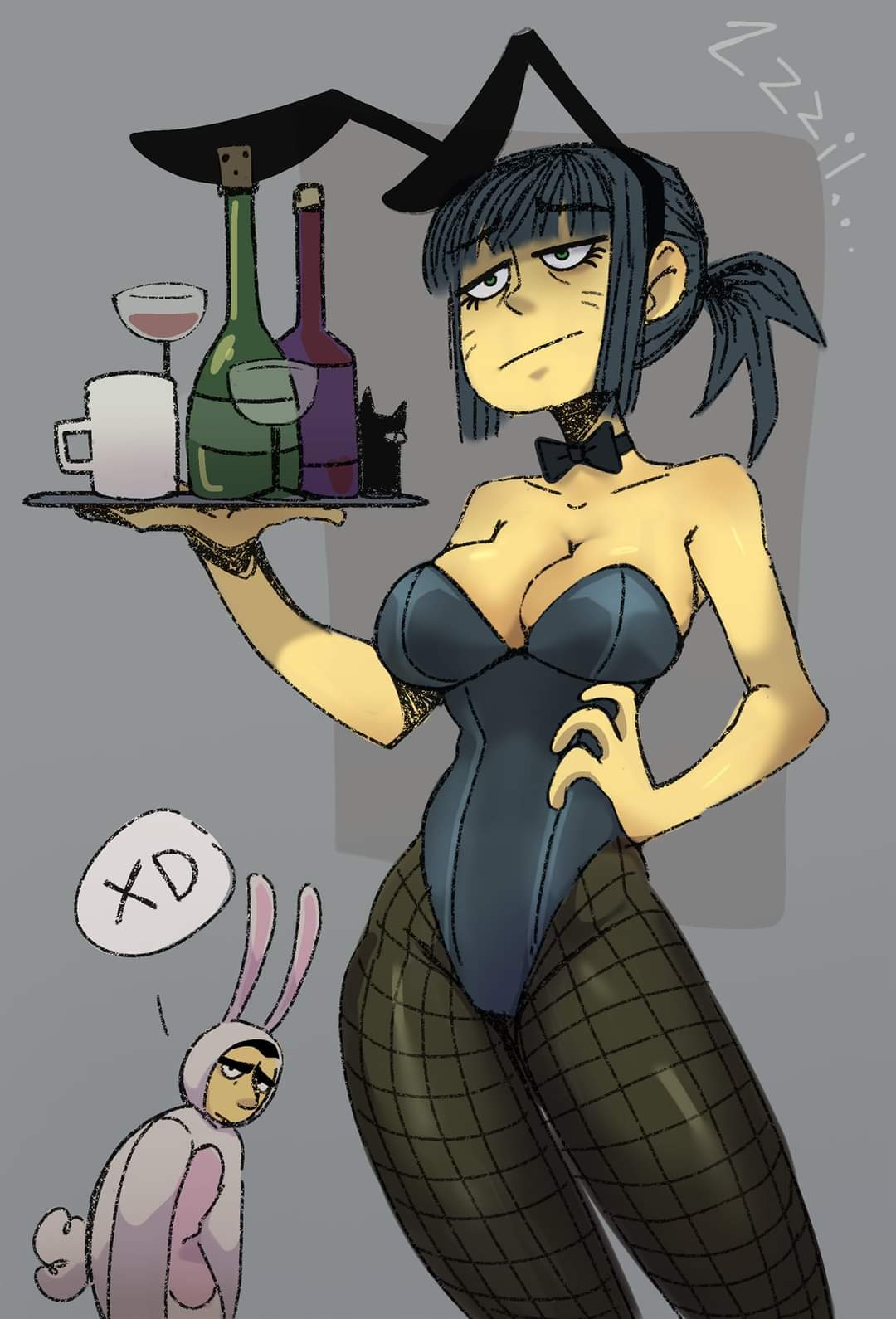 1boy, 1girls, alcohol, alcohol bottle, alcoholic drink, big breasts, black hair, breasts, bunny ears, bunny girl, bunnysuit, female, green eyes, male, pigtails, sarah (tear along the dotted line), tear along the dotted line, this world can't tear me down, zerocalcare, zerocalcare (series)