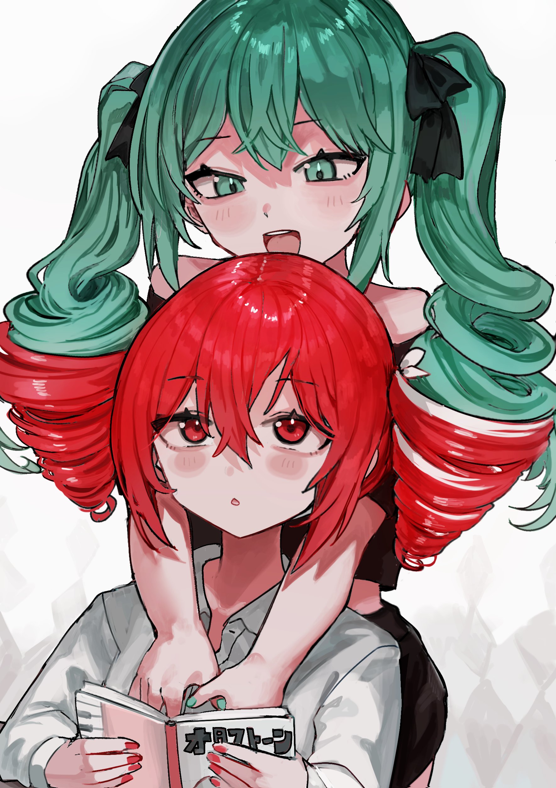 2girls, aqua hair, aqua nails, bare shoulders, black clothing, black shirt, blue eyes, blue hair, blush, blush stickers, book, double penetration, drill hair, female, fully clothed, green eyes, green hair, green nails, hair bow, hair penetration, hair sex, hatsune miku, holding, holding book, hug, hug from behind, hugging from behind, kasane teto, long hair, microa, multiple girls, nail polish, open mouth, painted fingernails, red eyes, red hair, red nails, safe, sfw, shirt, smile, twin drills, twintails, utau, vocaloid, white background, white clothing, white shirt, wholesome, wholesome as fuck, yuri