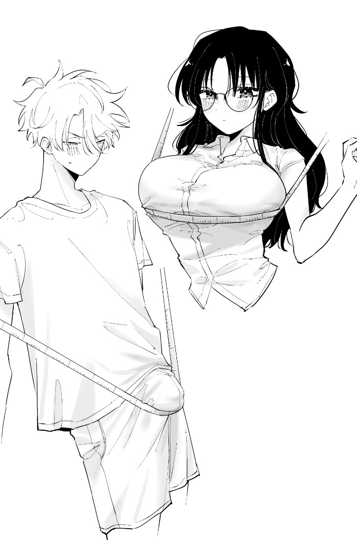 1boy 1girls bulge cute large_breasts mmk monochrome