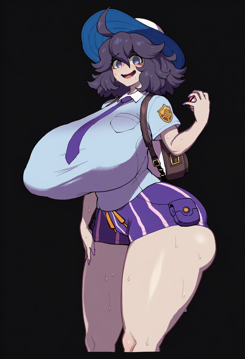 ai assisted, ai generated, ass, ass bigger than head, ass hanging out, ass hanging out of shorts, big ass, blush, breast grab, breasts, breasts bigger than head, female, goghkunn, hat, hex maniac, huge ass, huge breasts, large breasts, large hips, pokemon, pokemon sv, school uniform, tagme