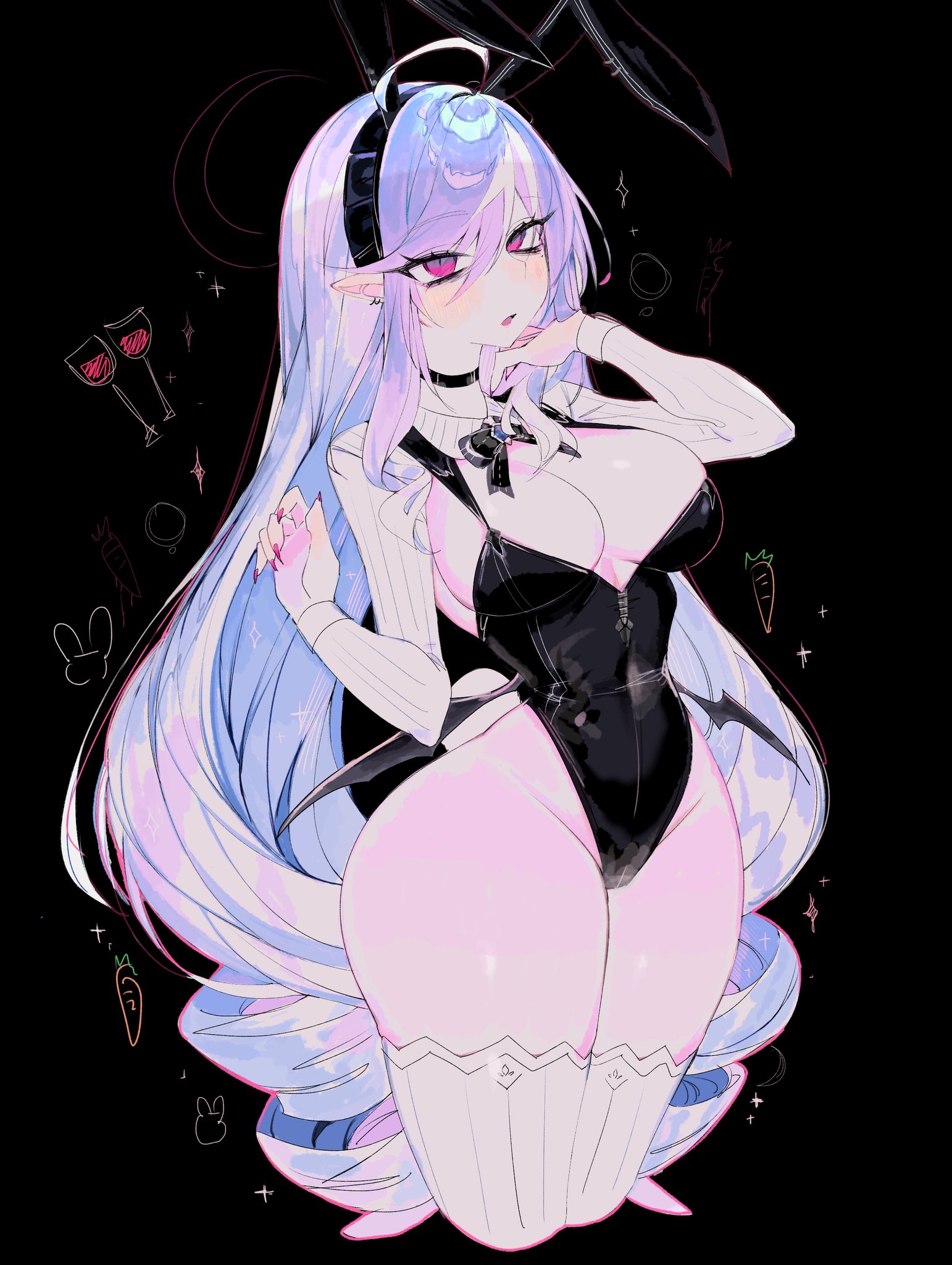 1girls, big breasts, black background, black choker, black leotard, breasts, bunny ears, bunnysuit, cleavage, cropped legs, fake animal ears, fake rabbit ears, female, large breasts, leotard, long hair, multicolored hair, parted lips, pink nails, playboy bunny, purple eyes, purple hair, rabbit ears, strapless leotard, thick thighs, thighhighs, usa37107692, very long hair, vivian (zenless zone zero), vivian banshee, white thighhighs, zenless zone zero