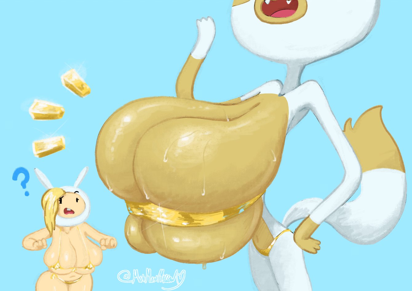 2girls 3_fingers 4_fingers ? adventure_time adventure_time:_fionna_&_cake anthro barely_contained big_breasts bikini blonde_hair bragging breast_envy breasts bursting_breasts busty cake_the_cat cartoon_network cleavage cleavage_overflow fair-skinned_female female female_only fionna_the_human_girl furry golden_bikini hand_on_hip huge_breasts leaning_forward midriff monmonmallow navel open_mouth petite pillow_shading presenting_breasts smile strapless strapless_bikini sweat sweaty sweaty_breasts tail top_heavy two_tone_body white_fur yellow_fur