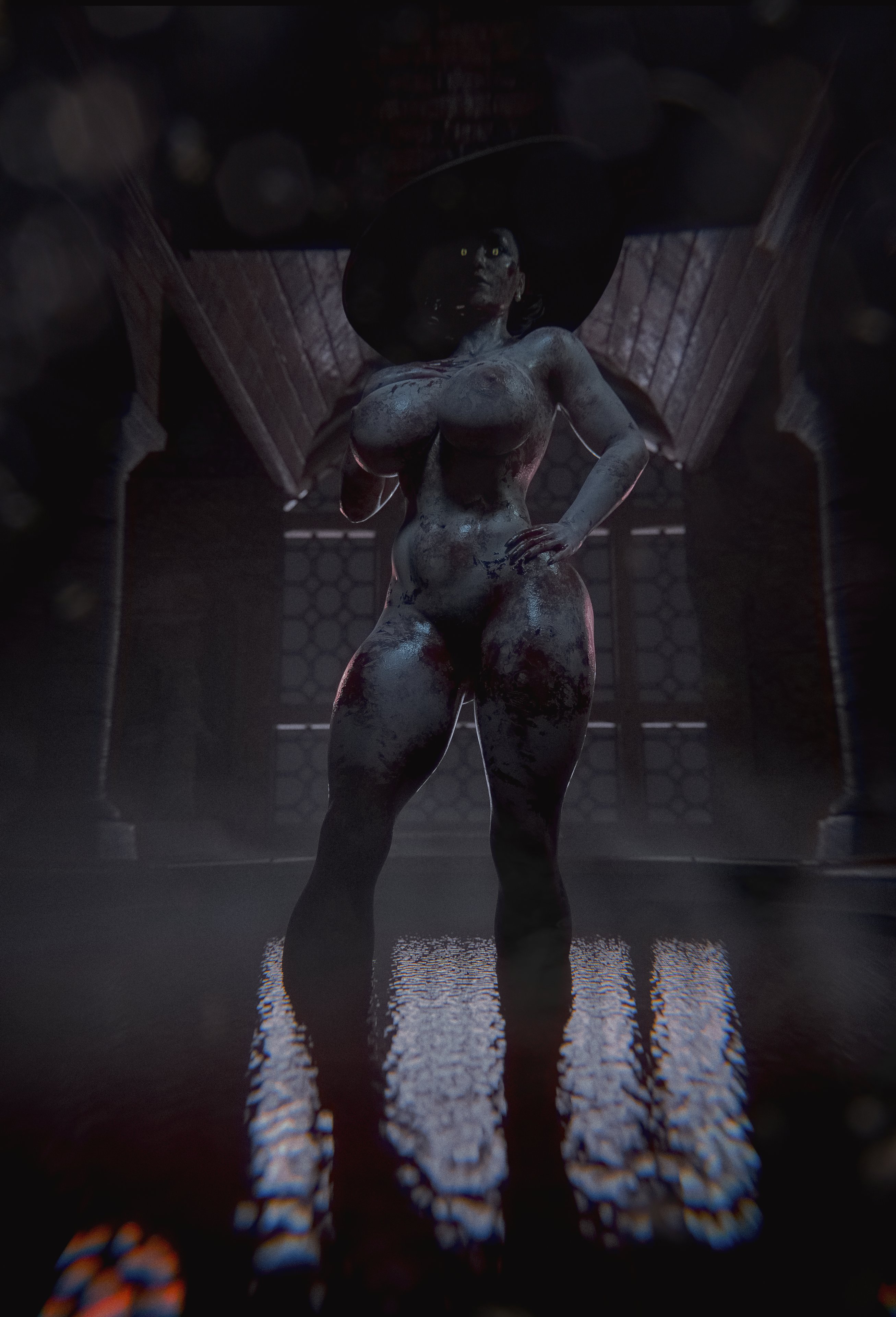 1girls, 3d, alcina dimitrescu, bath, bathing, big breasts, blood, breasts, capcom, female, female only, godwentnorth, hand on hip, horror, huge breasts, nipples, nude, resident evil, resident evil 8: village, solo