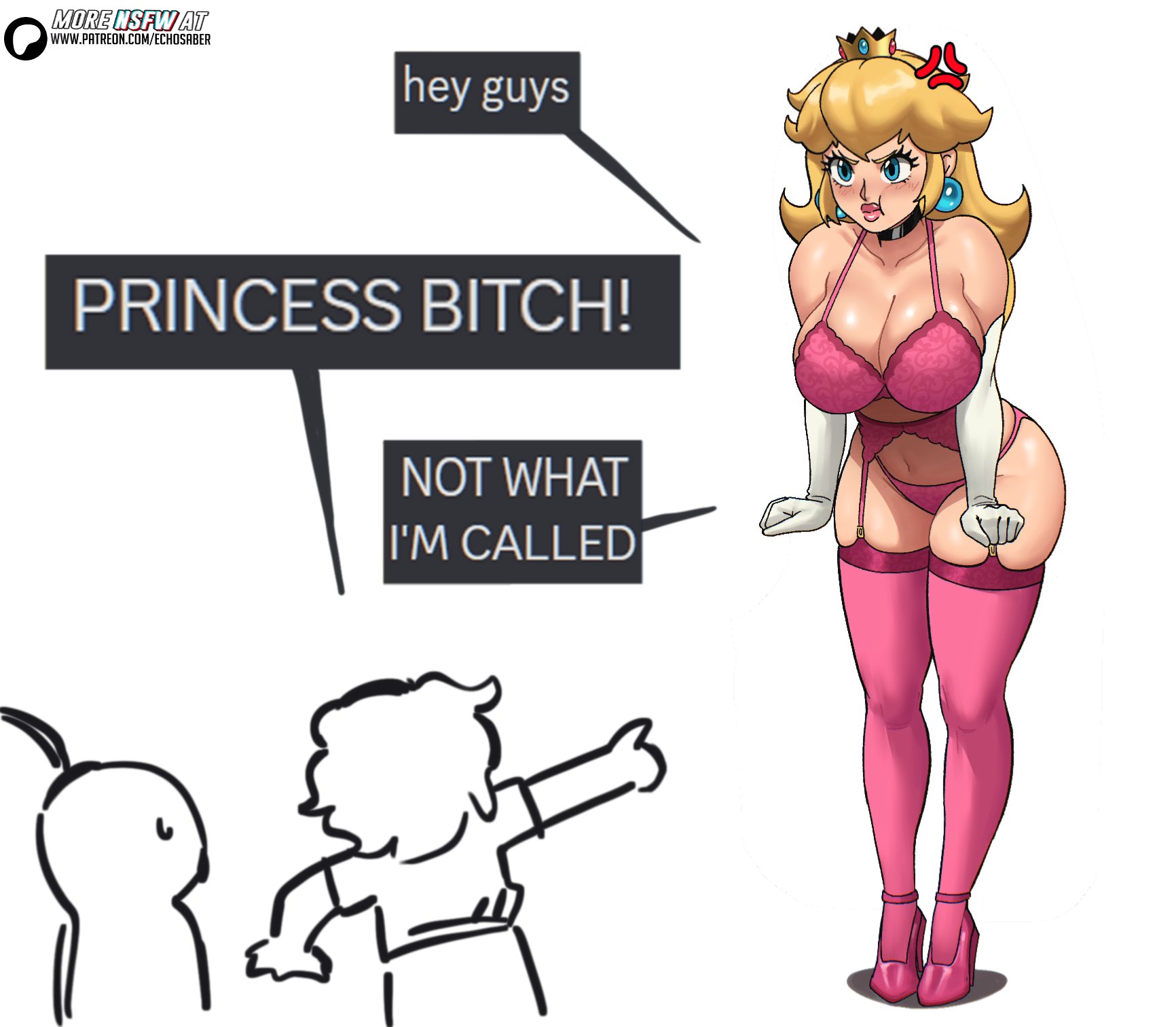 1girls, angry, angry expression, angry face, artist name, background characters, big breasts, bitch, blank background, blonde, blonde female, blonde hair, blonde-haired female, blush, boobs, breasts, clothed, clothing, crown, echosaber, eyelashes, fat breasts, female, flat belly, funny, gloves, large breasts, light skin, light-skinned female, lingerie, lips, mario (series), meme, nintendo, notwhatimcalled, patreon, patreon link, patreon logo, patreon url, patreon username, pink lipstick, pounding, princess peach, scantily clad, simple background, super mario bros., thighhighs, thighs, tits, voluptuous, voluptuous female, white background