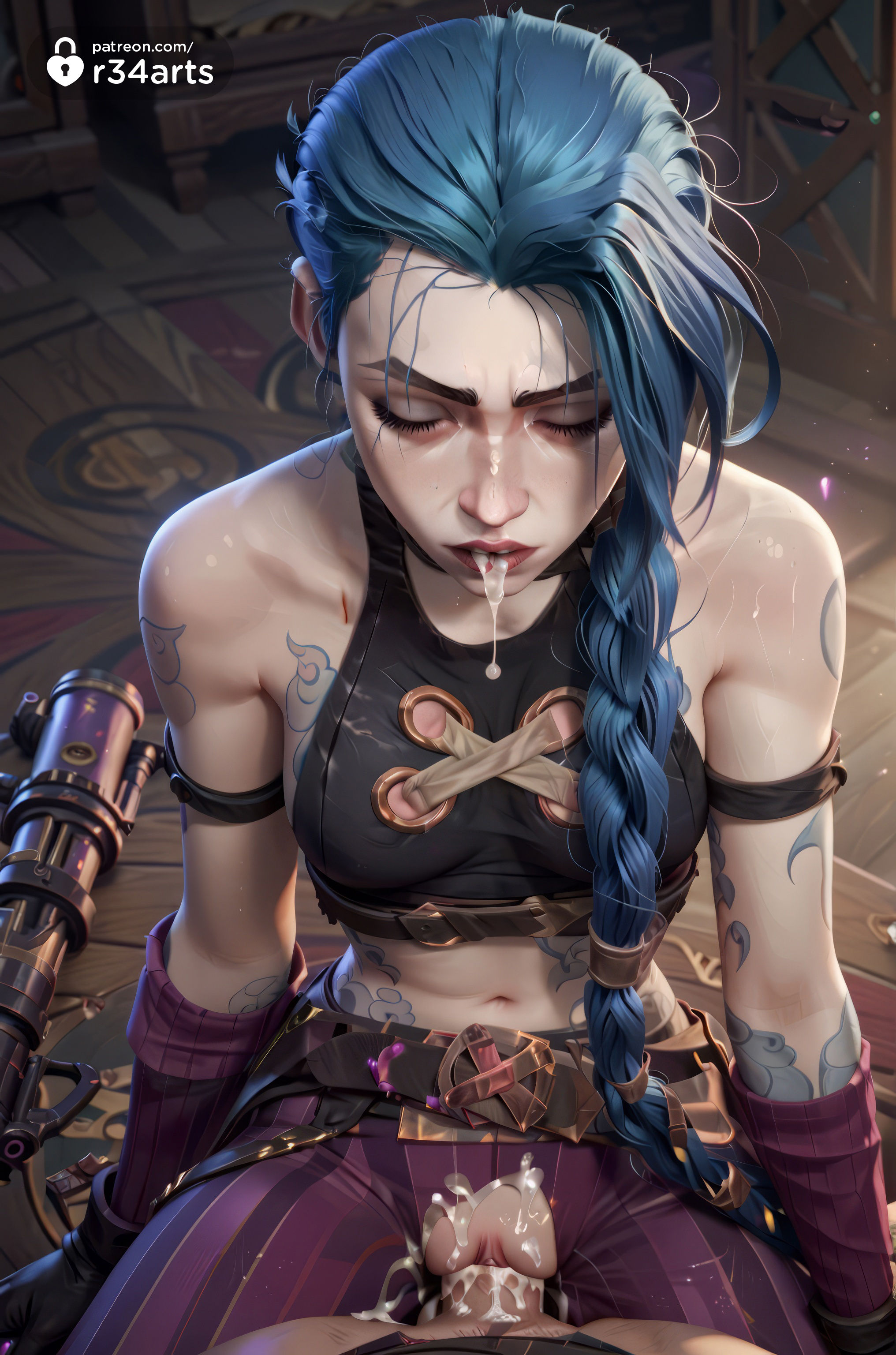1boy, 1girls, ai generated, arcane, arm tattoo, bare shoulders, blue hair, braid, breasts, closed eyes, cowgirl position, crop top, cum, cum in mouth, cum in pussy, facial, female, gloves, gun, hi res, jinx (league of legends), league of legends, long hair, male, navel, netflix, pants, penis, pink pants, pov, pussy, r34arts, riot games, sex, shoulder tattoo, solo focus, stomach tattoo, straddling, straight, striped clothes, striped pants, tattoo, torn clothes, torn pants, twin braids, uncensored, vaginal penetration, vaginal sex, weapon
