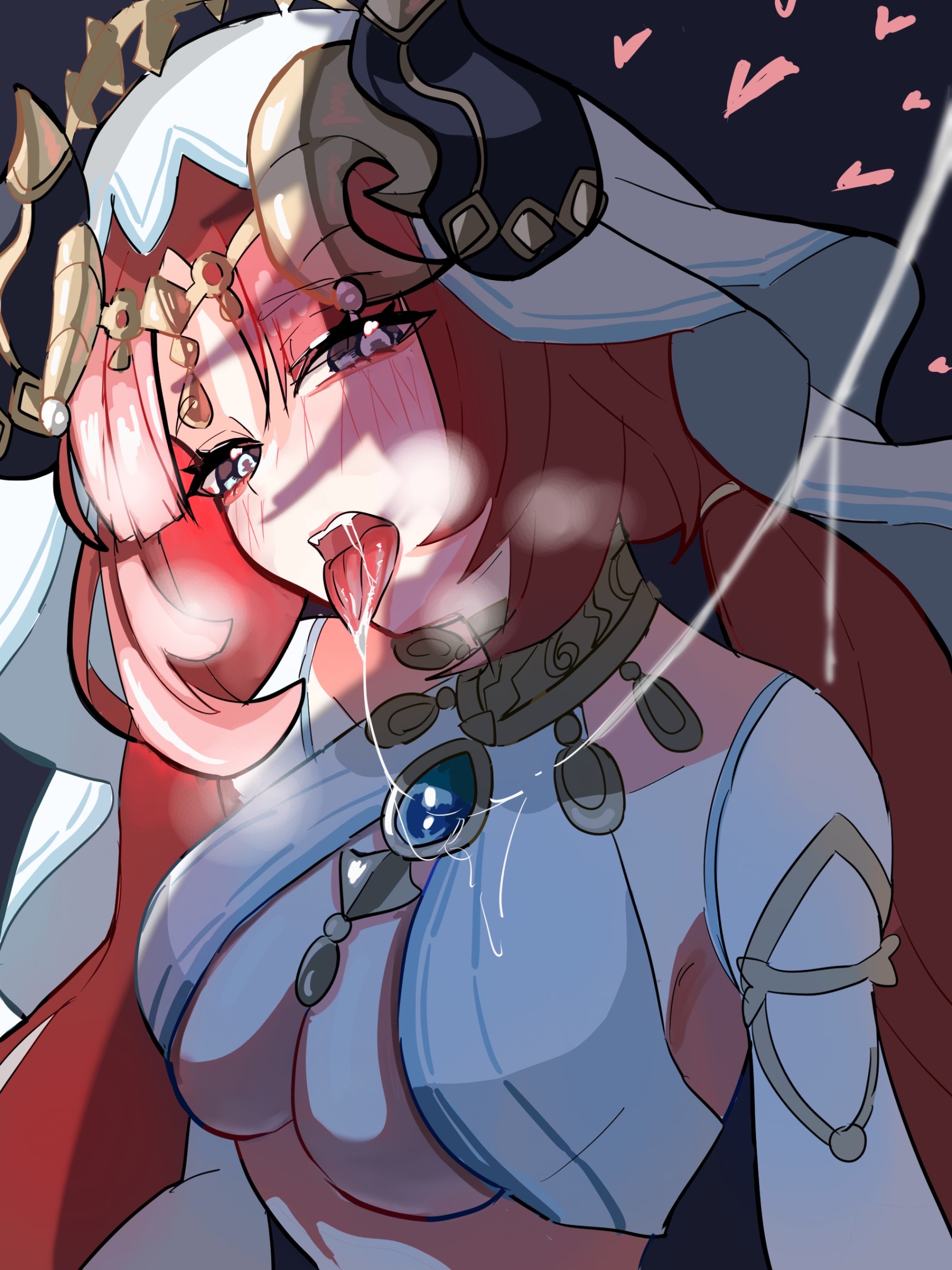alternate breast size, black horns, blue brooch, blush, breasts, breath, brooch, commentary request, dang0r0moti, dark background, detached sleeves, fake horns, female, genshin impact, harem outfit, head tilt, heart, highres, horns, jewelry, large breasts, long hair, looking at viewer, low twintails, neck ribbon, nilou (genshin impact), purple eyes, red hair, ribbon, saliva, saliva trail, sexually suggestive, solo, teeth, tongue, tongue out, twintails, underboob, upper body, upper teeth, veil, white sleeves, white veil