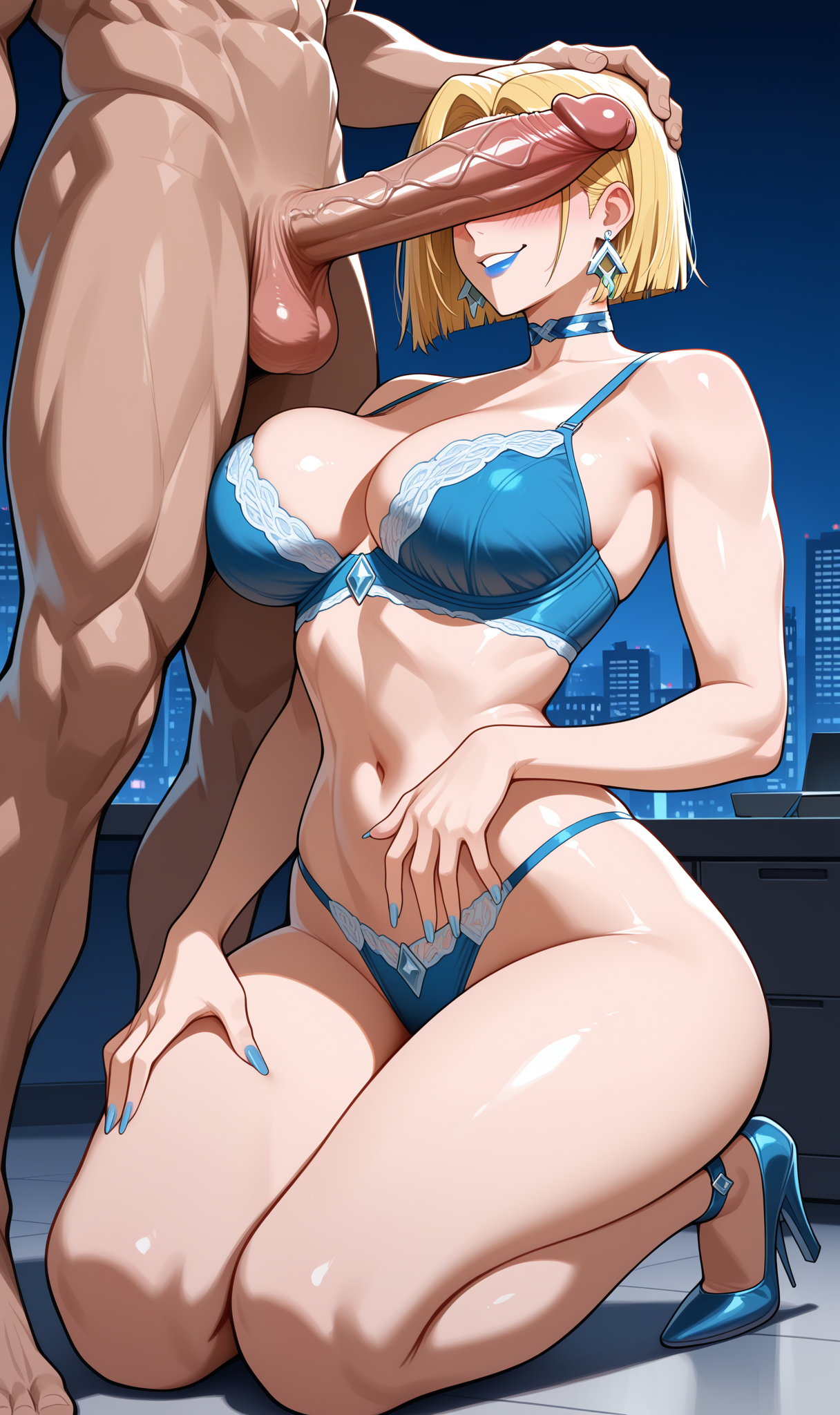 1boy, 1girls, ai generated, big breasts, big dick, big penis, blonde female, blonde hair, blue eyes, blush, bra, breasts, choker, clothed, covered eyes, emma frost, emma frost (marvel rivals), female, female focus, high heels, horny, in office, indoors, inside, kalanhrae, lingerie only, looking at viewer, male, marvel, marvel comics, marvel rivals, muscular, muscular male, office, office lady, penis, seductive, seductive eyes, seductive look, shiny skin, veiny penis, white queen