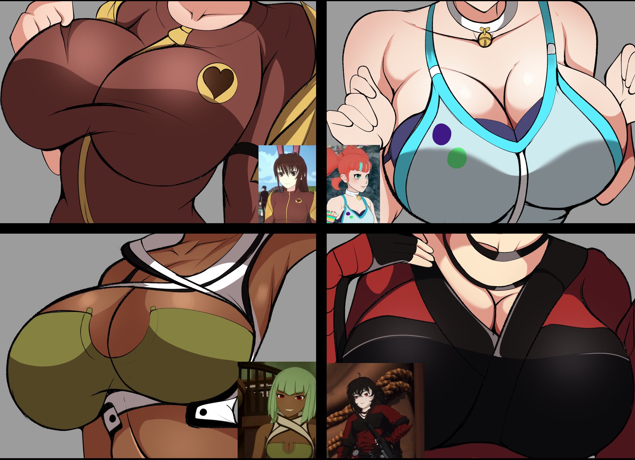 4girls, alternate breast size, armpits, big breasts, breast chart, breast comparison, breast focus, breasts, busty, chart, cleavage, clothing, dark skin, dark-skinned female, emerald sustrai, female, female only, huge breasts, hyperrxgue, large breasts, light skin, light-skinned female, neon katt, raven branwen, rwby, velvet scarlatina