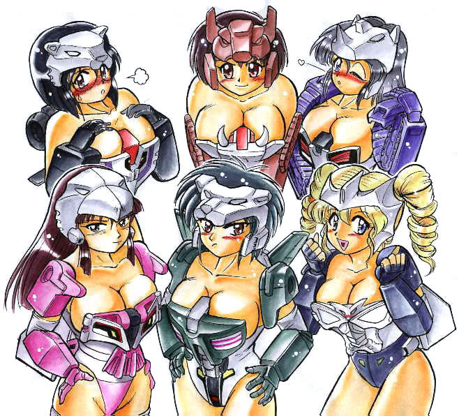 6+girls armor beige_skin black_hair blonde_hair blue_eyes blush breasts brown_eyes brown_hair cleavage color curvy drillhorn eyewear female female_only front_view gaihawk glasses grey_hair hair hellbat helmet huge_breasts human humanformers humanized jarugar killbison leozack long_hair looking_at_viewer multiple_females open_eyes rule_63 short_hair standing transformers white_background wink