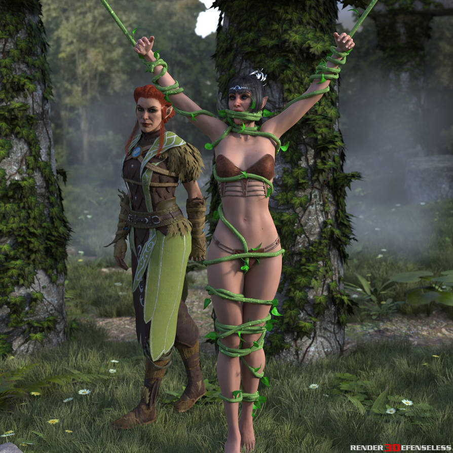 2girls 3d baldur's_gate_3 black_hair bondage bound bound_legs brown_bra brown_panties female females_only gag gagged kagha red_hair rendereddefenseless shadowheart underwear vine_bondage