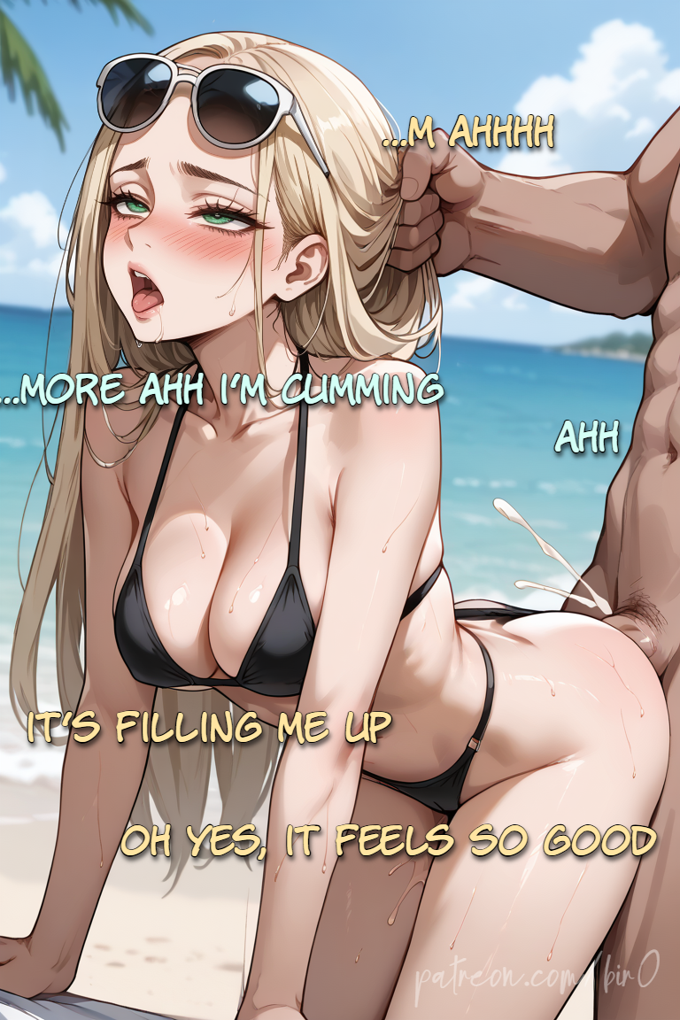1boy ahe_gao anal ass bangs bare_shoulders beach bikini black_bikini black_swimsuit blonde_hair blue_sky blush breasts clavicle cleavage clothing clothing_aside cloud collarbone completely_nude cum dark-skinned_male dark_skin day doggy_style ejaculation english_language english_text eyelashes eyewear eyewear_on_head female female grabbing_another's_hair green_eyes interracial jewelry large_breasts light-skinned_female lips lipstick long_hair makeup male manga manhwa medium_breasts navel nipples nude ocean open_mouth outdoors palm_tree penis pornhwa red_lips rolling_eyes saliva sand semen sex sex_from_behind shelly shelly_scott shiny_skin sky solo_focus standing straight sunglasses sunglasses_on_head sweat swimsuit taken_from_behind teeth text thighs tongue tongue_out water webtoon wet windbreaker