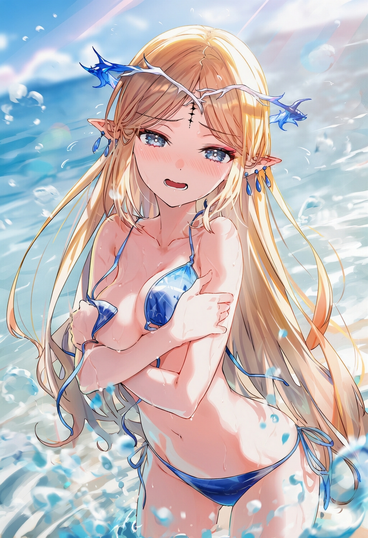 ai generated, beach background, bikini, bikini top removed, cartethyia (wuthering waves), curvy female, embarrassed female, female, female only, raaicave, wuthering waves