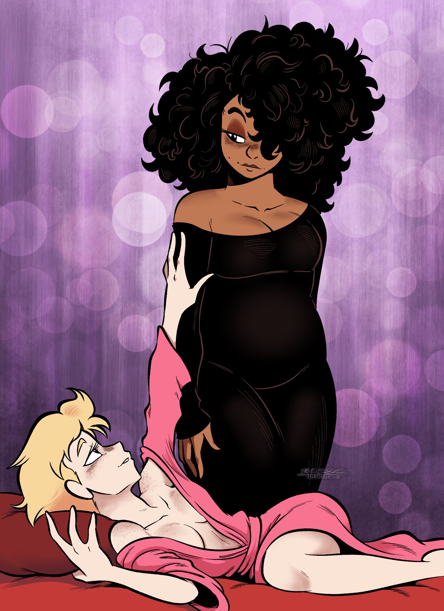 2girls, artist logo, artist name, big breasts, black hair, blonde hair, blush, brandon santiago (artist), breast size difference, breasts, brown eyeshadow, cleavage, color, curly hair, eyeshadow, female, freckles, freckles on breasts, freckles on face, freckles on shoulders, fully clothed, gradient background, hair over one eye, half-closed eyes, hand on another's arm, highres, i prefer girls, imminent sex, inner sideboob, large breasts, lighting, long hair, looking at another, lying, lying on bed, lying on side, married couple, mole, mole under eye, mothers, no bra, original, original character, partially clothed, pillow grab, purple background, robe, robe only, romantic, romantic couple, side view, sideboob, slight blush, smile, watermark, wholesome, wife and wife, yuri