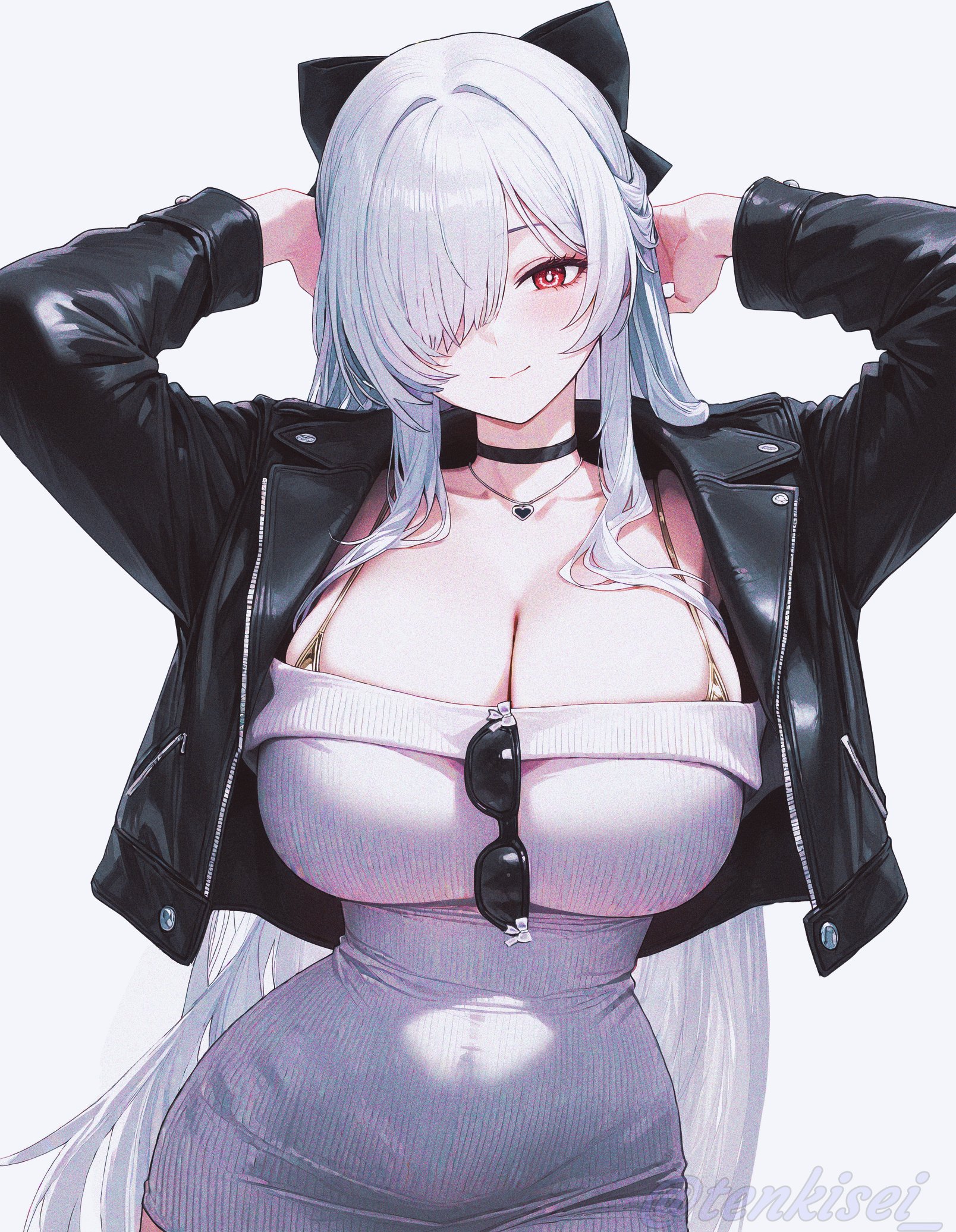 1girls, black choker, black jacket, blush, bra strap, breasts, choker, cinderella (beautiful me) (nikke), cinderella (nikke), cleavage, covered navel, eyewear removed, female, goddess of victory: nikke, hair over one eye, huge breasts, jewelry, large breasts, leather jacket, long hair, looking at viewer, open clothes, open jacket, red eyes, smile, sunglasses, sweater dress, tenkisei, white hair