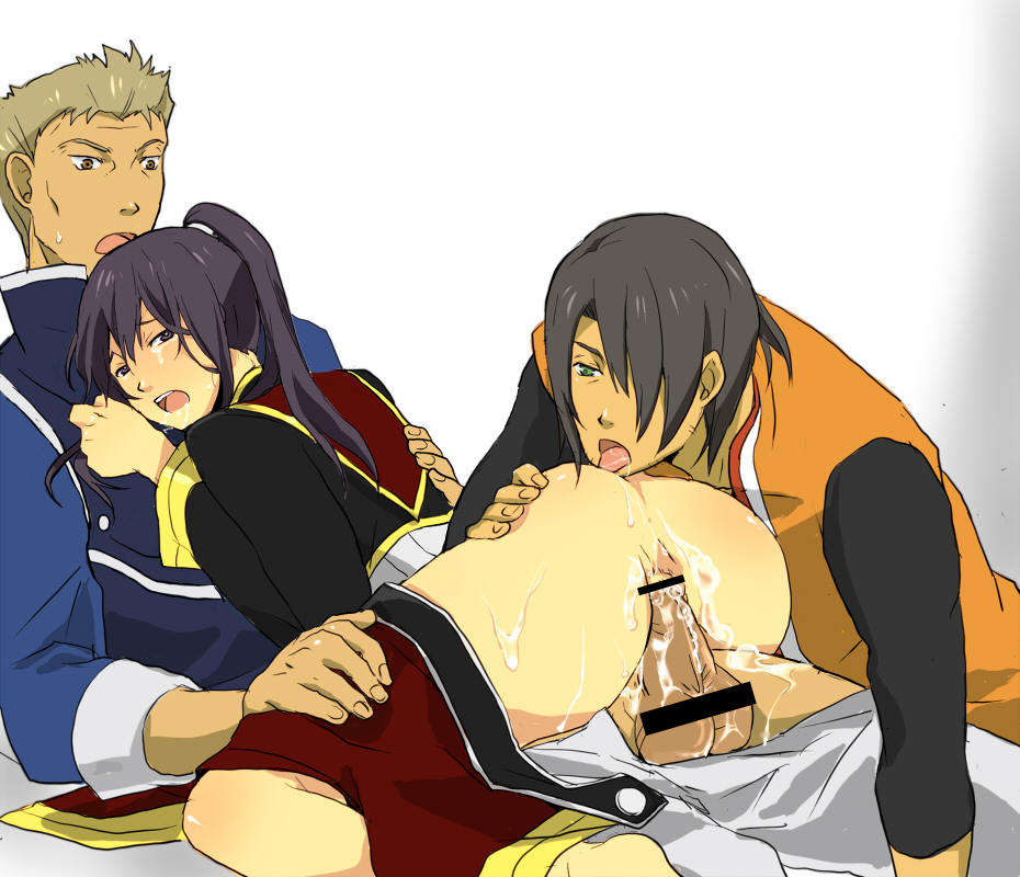 3boys anal ass cum gay group_sex hair_over_one_eyes licking long_hair male male_only multiple_boys nylen_fedrok open_mouth penis schwann_oltorain sex straddle tagme tales_of_(series) tales_of_vesperia threesome yuri_lowell