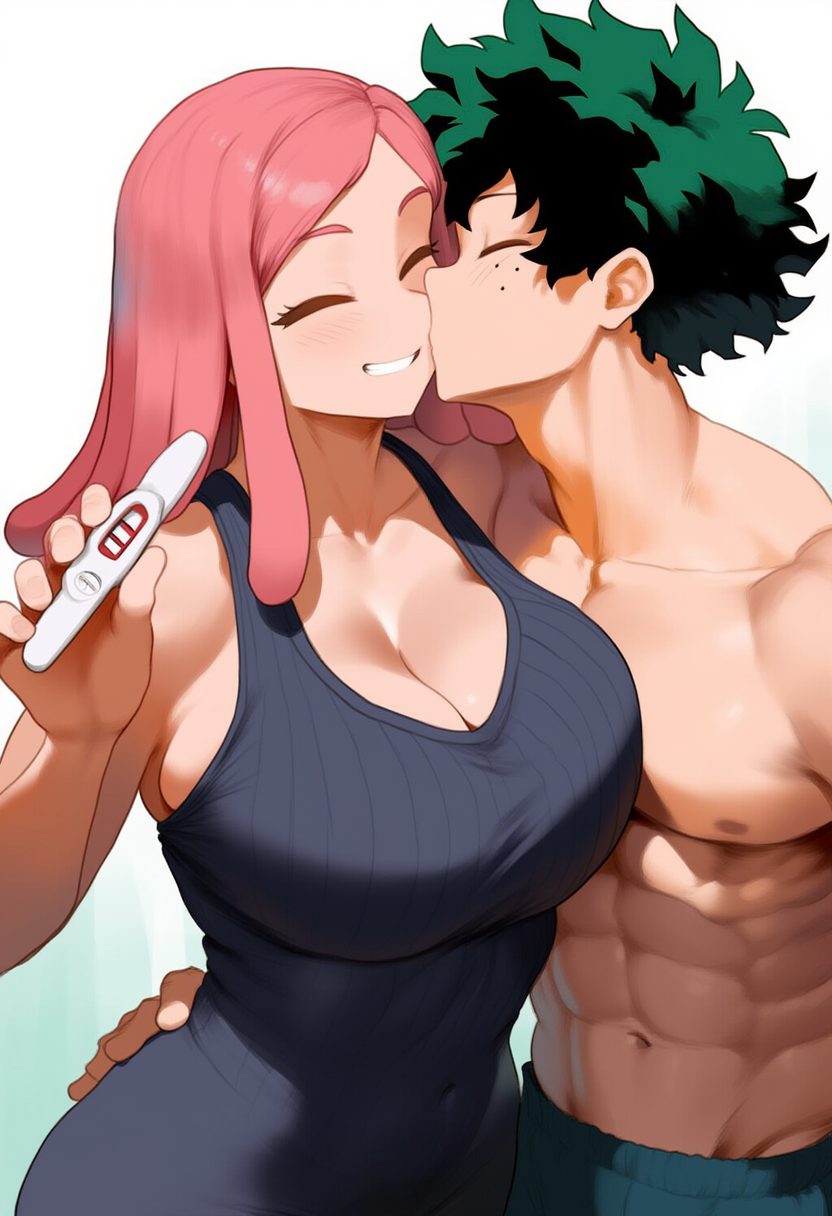 1boy, 1girls, ai generated, big breasts, boku no hero academia, breasts, closed eyes, closed eyes smile, couple, female, green-haired male, hair down, happy, happy female, hatsume mei, holding hips, holding pregnancy test, izuku midoriya, kissing, kissing cheek, large breasts, loving, loving couple, lucky bastard, male, mei hatsume, midoriya izuku, milf, my hero academia, new milf, novelai, nullificater, pink-haired female, positive pregnancy test, pregnancy test, pregnant, shirtless male, smile, smiling, tight clothing, tight dress, toned male, wholesome