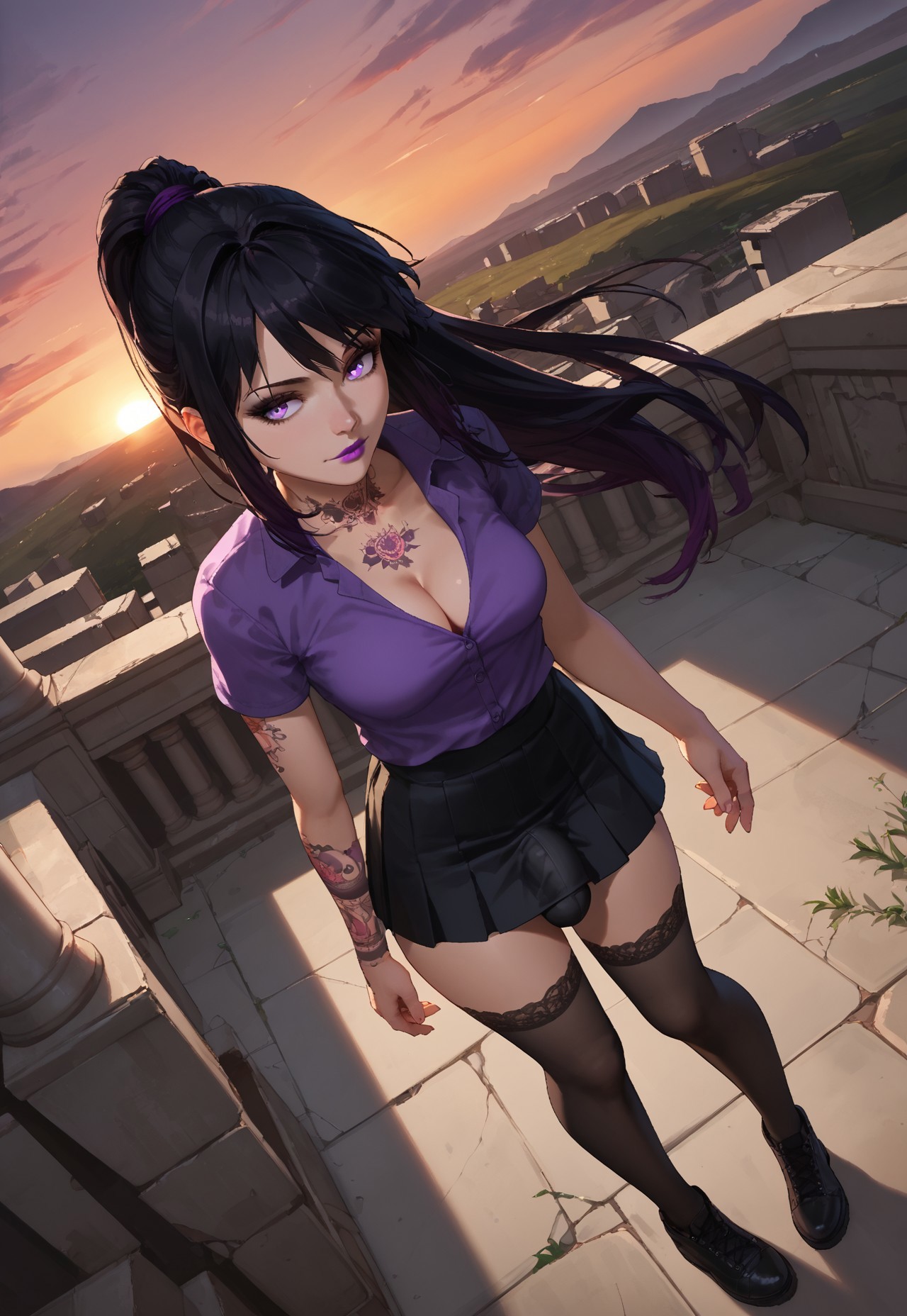1futa, ai generated, black hair, breasts, cleavage, from above, futa only, futanari, goth, goth futa, intersex, jamesbron, large penis, legwear, lipstick, long hair, looking at viewer, medium breasts, outdoors, penis, penis bulge, ponytail, purple eyes, purple lipstick, purple shirt, shirt, skirt, smile, solo, solo futa, standing, stockings, sunset, tattoo, thighhighs, thighs, wide hips