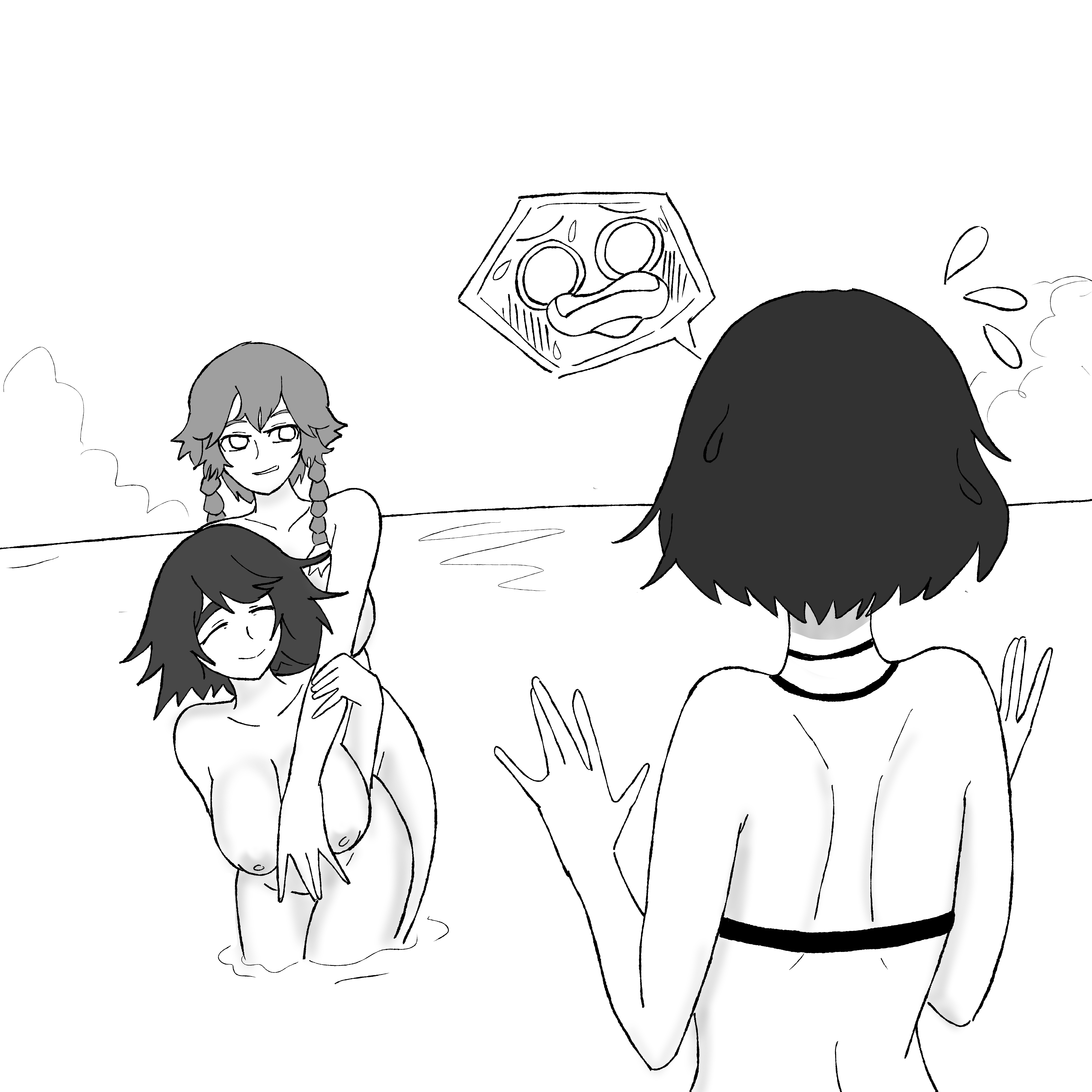 1boy, 2girls, amane suzuha, beach, big breasts, boner, braid, breasts, embarrassed, female, femboy, lost clothes, male, shiina mayuri, short hair, steins;gate, urushibara ruka, v0idreef