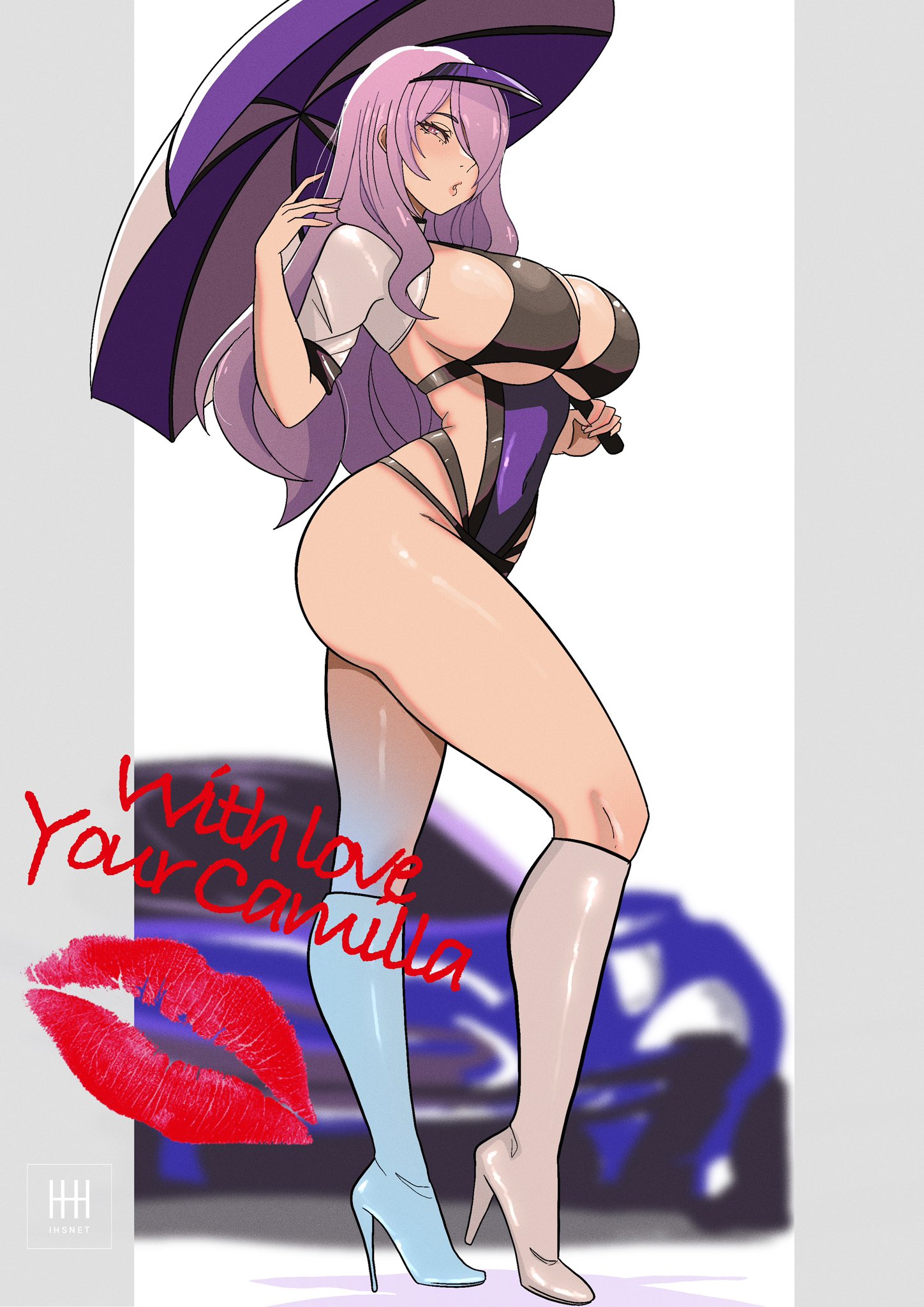 :o, 1girls, alluring, alternate costume, big breasts, black leotard, blowing kiss, boots, breasts, camilla (fire emblem), car, cleavage, commission, female, fire emblem, fire emblem fates, hair ornament, hair over one eye, high res, holding, holding umbrella, ihsnet, intelligent systems, knee boots, legs, leotard, lipstick mark on photo, long hair, looking at viewer, motor vehicle, nintendo, purple eyes, purple hair, purple leotard, race queen, sideboob, thighs, umbrella, under boob, very long hair, wavy hair, white boots