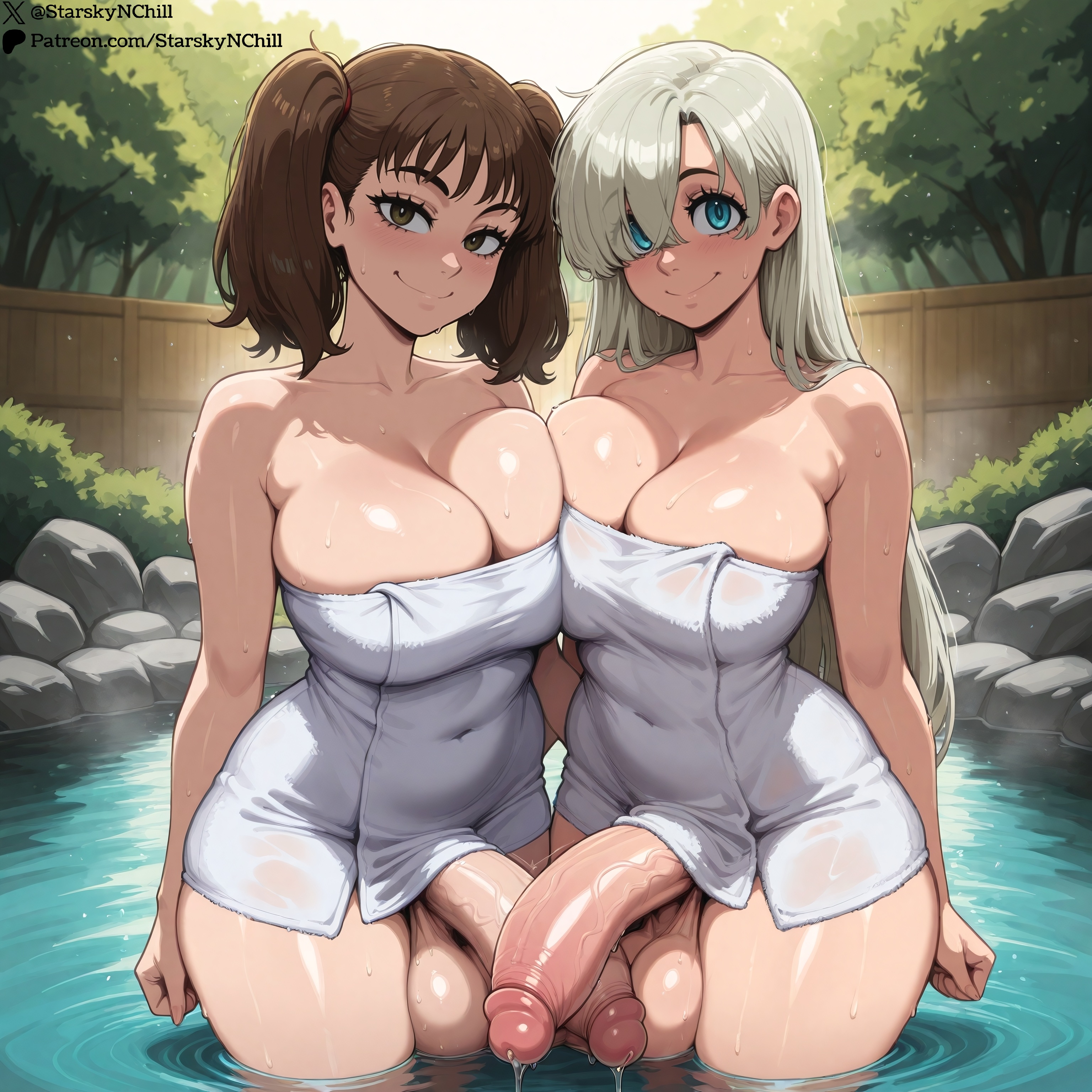 2futas, ai generated, balls, breasts, diane (nanatsu no taizai), elizabeth liones, futa on futa, futa with futa, futanari, huge balls, huge breasts, huge cock, intersex, large breasts, looking at viewer, naked towel, nanatsu no taizai, onsen, penis, penis out, penises touching, presenting, seductive smile, self upload, starskyai, towel only