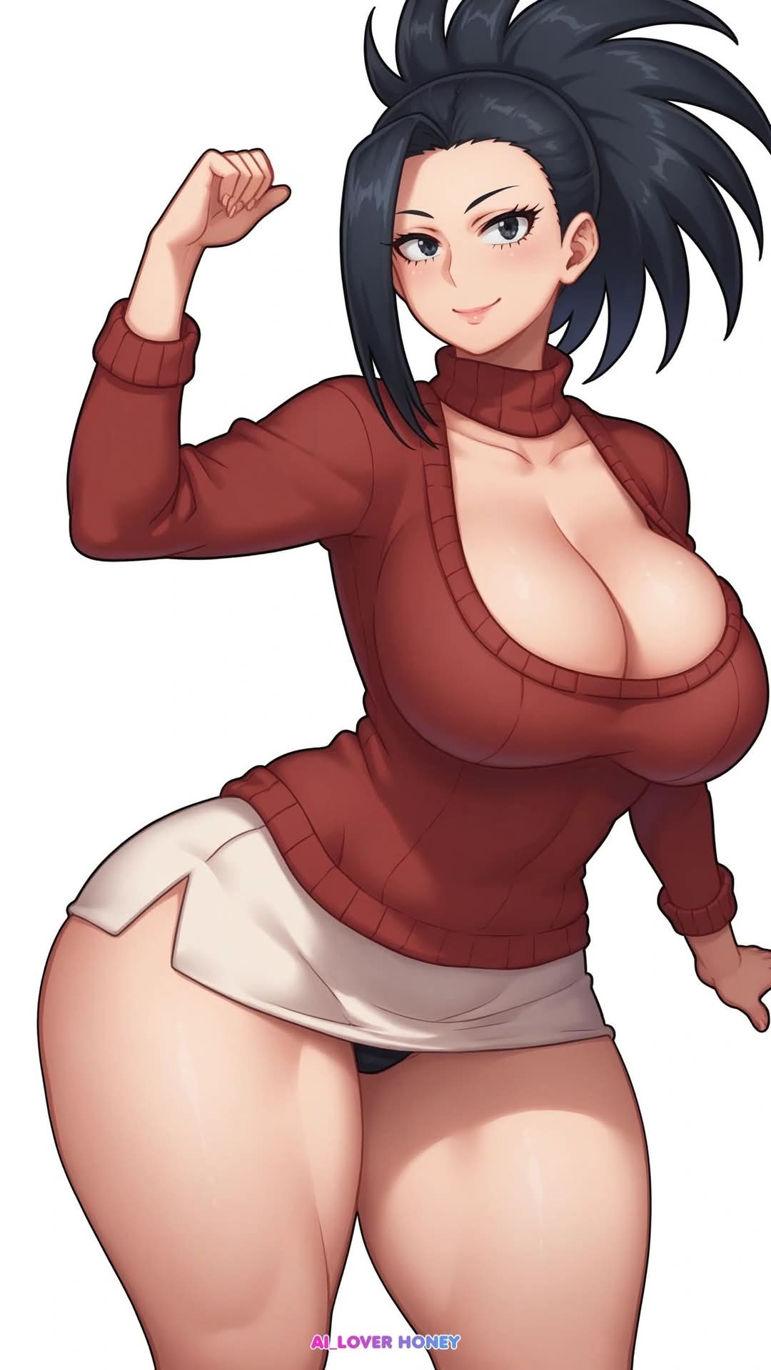 1girls, ai generated, ai loverhoney, arm raised, big breasts, black hair, blue eyes, boku no hero academia, breasts, cleavage, curvaceous, curvy female, eyes, female, female only, hourglass figure, large breasts, light skin, light-skinned female, miniskirt, momo yaoyorozu, my hero academia, panties, short hair, smiling, smiling at viewer, sweater, thick, thick thighs, voluptuous, voluptuous female, wide hips