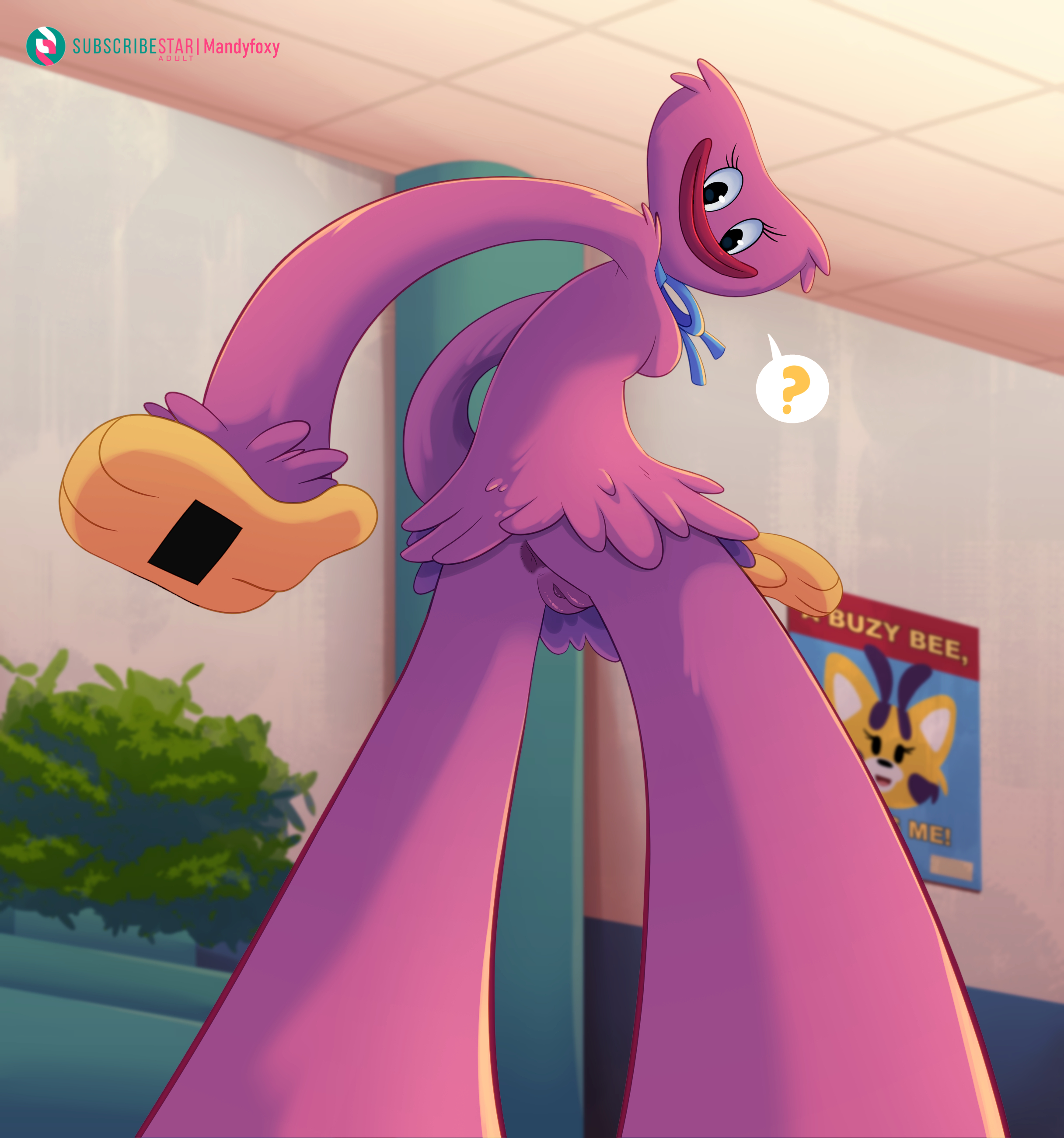 1girls, 2d, 2d (artwork), 2d artwork, anus, ass, cat-bee (poppy playtime), catbee (poppyplaytime), character in background, dark pink anus, exposed, exposed anus, exposed ass, exposed pussy, female, female focus, female only, fur, kissy missy, mandyfoxy, mob entertainment, mob games, pink arms, pink body, pink fur, pink hair, pink pussy, poppy playtime, poster, pussy, red lips, red lipstick, smile, tagme