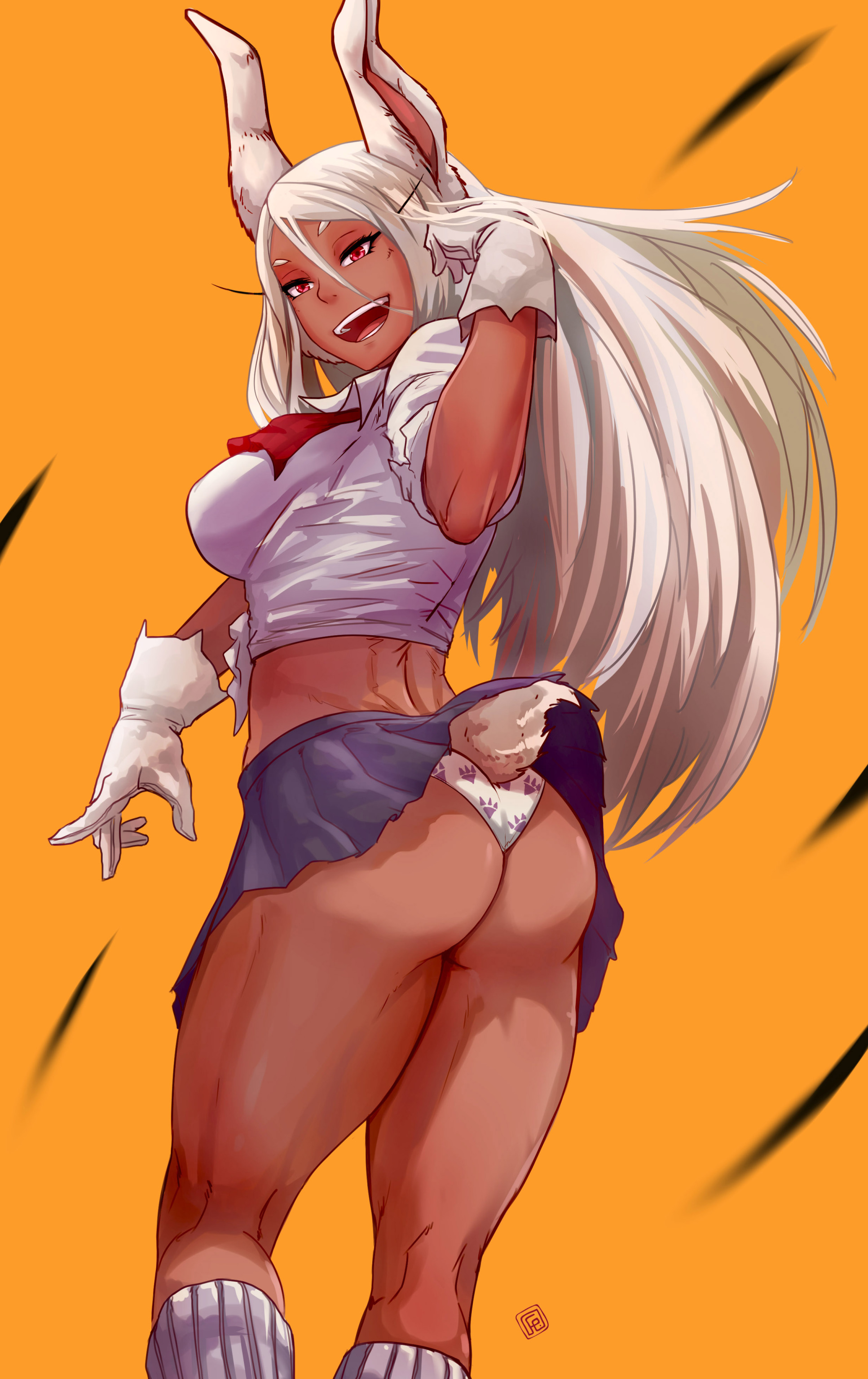 1girls, absurd res, absurd resolution, absurdres, ass, big ass, big breasts, big butt, boku no hero academia, breasts, bunny ears, bunny girl, bunny tail, busty, collared shirt, curvaceous, curvy, curvy female, curvy figure, dark skin, dark-skinned female, fat ass, feindall, female, female focus, female only, gloves, hi res, high resolution, highres, large ass, large breasts, long hair, miruko, muscular, muscular female, muscular thighs, my hero academia, panties, rabbit, rabbit ears, rabbit girl, rabbit humanoid, rabbit tail, red eyes, rumi usagiyama, school uniform, schoolgirl, shounen jump, sideboob, simple background, skirt, skirt lift, skirt up, socks, solo, solo female, solo focus, tagme, tail lift, thick thighs, thighs, toned, toned body, toned female, toned legs, underwear, voluptuous, voluptuous female, white gloves, white hair, white panties, white shirt, white underwear