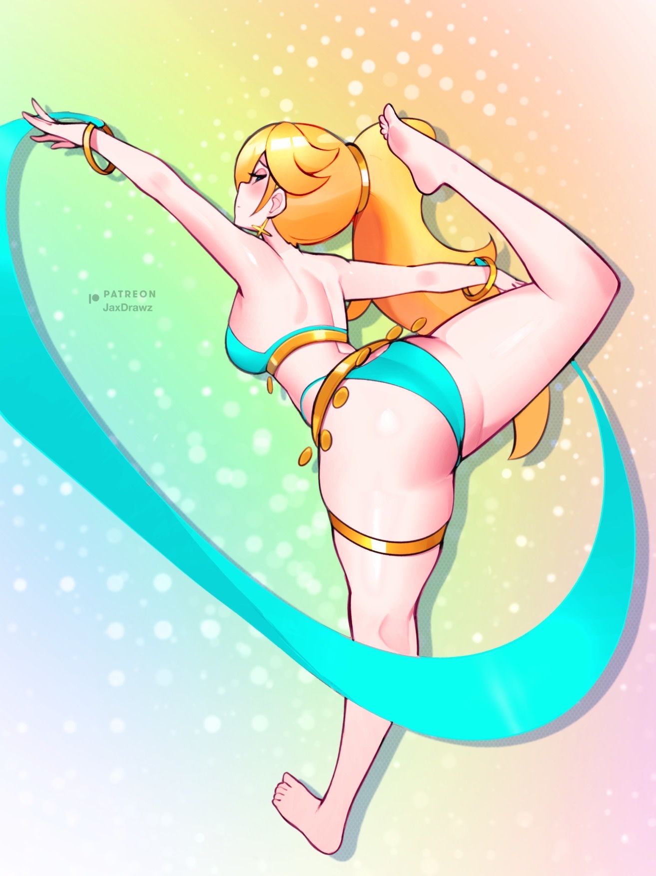 1girls ass belly_dancer belly_dancer_outfit blonde_hair blue_eyes dancer dancer_outfit dancing harem_girl harem_outfit jaxdrawz long_hair mario_(series) nintendo ponytail princess_rosalina royalty standing_on_one_leg super_mario_galaxy voluptuous