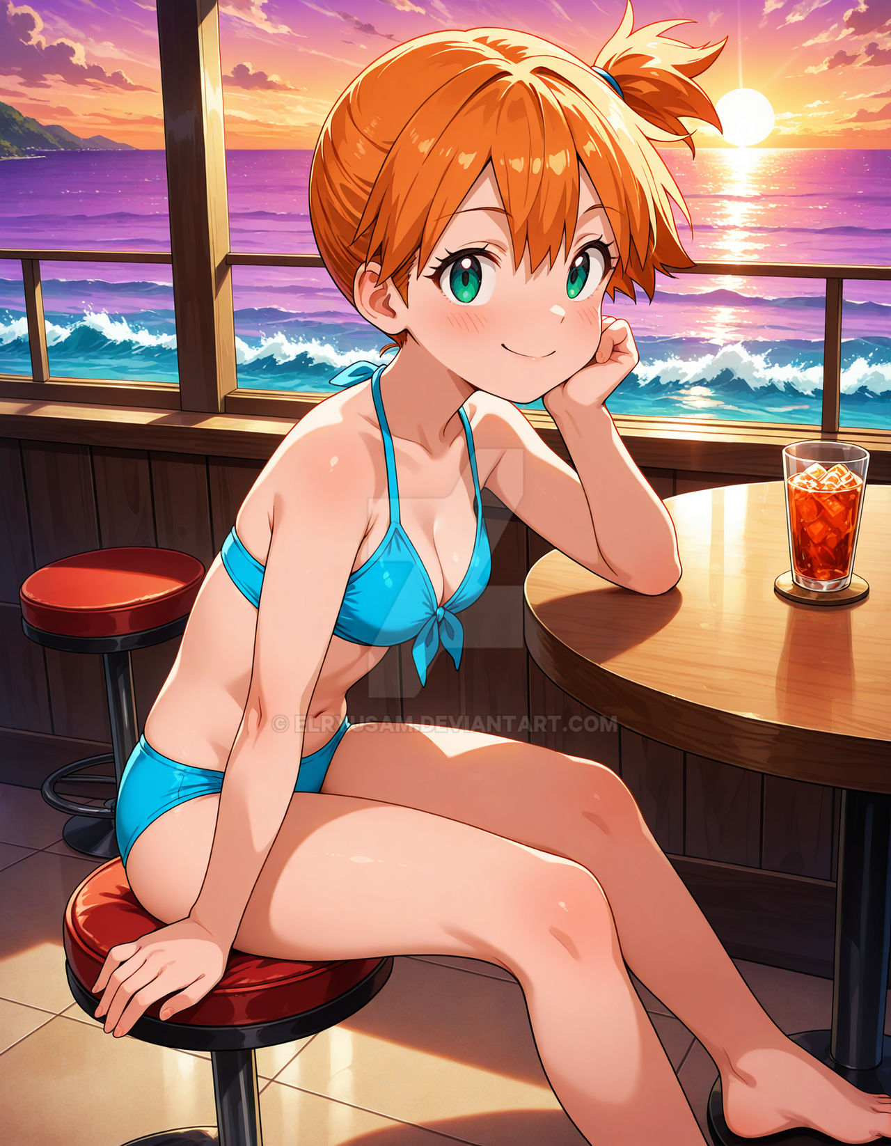 2025, 4kids entertainment, ai generated, anime, barefeet, barefoot, belly, blue bikini, blue hairband, deviantart, elryusam, female, green eyes, hand on chair, hand on head, kasumi (pokemon), looking at viewer, meta, nintendo, not porn, orange cheeks, orange hair, pokemon, sitting on chair, smile at viewer, smiling at partner, tummy