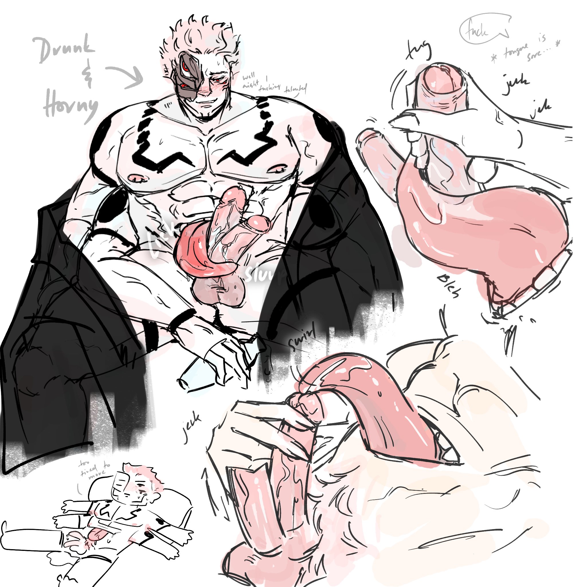 1boy, abs, balls, big balls, big penis, blush, breasts, breasts bigger than head, cum, cum drip, cumshot, diphallia, diphallism, double handjob, foreskin, fully retracted foreskin, handjob, horny male, jujutsu kaisen, legs apart, male, male focus, male only, masturbation, mouth, multi arm, multi eye, multi genitalia, multi limb, multi mouth, multi penis, muscular, muscular male, muscular thighs, partially retracted foreskin, penis, penis size difference, pink hair, retracted foreskin, ryoumen sukuna (jujutsu kaisen), sex, solo, solo focus, tattoo on chest, tongue, tongue around penis, tongue out, uncircumcised