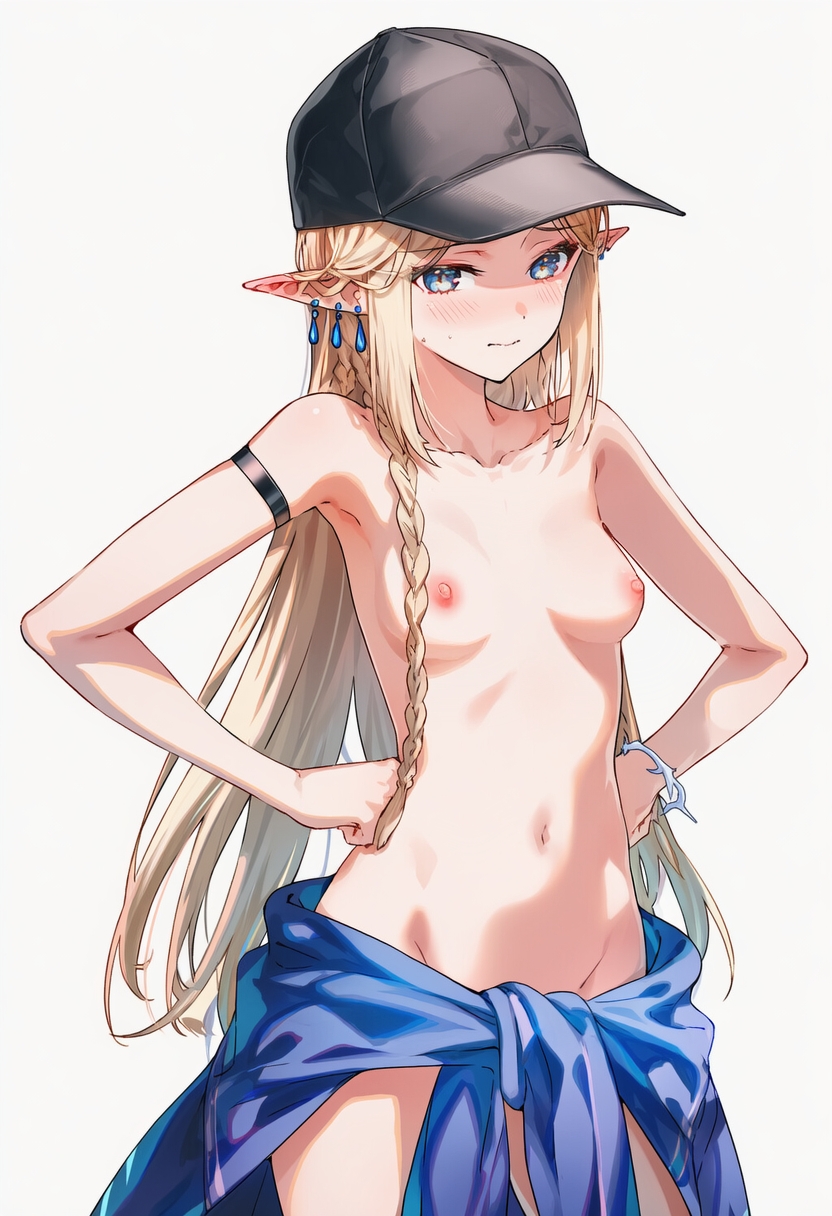 ai generated, almost naked, black cap, braid, breasts, cartethyia (wuthering waves), elf ears, elf female, female, female only, hands on hips, nipple piercing, nipples, piercing, raaicave, small breasts, topless, white background, wuthering waves