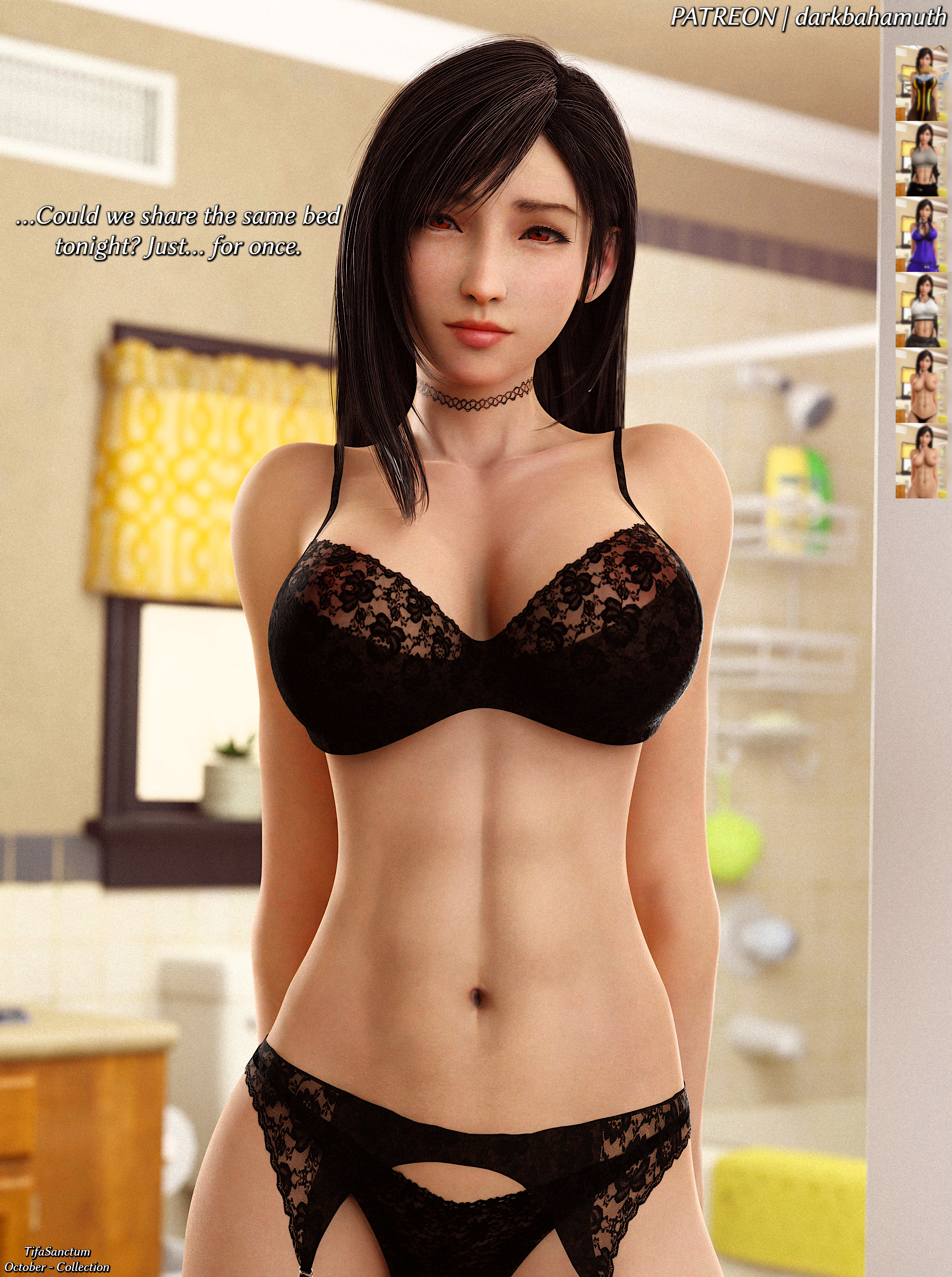 3d, 3d (artwork), belly, big breasts, breasts, busty female, darkbahamuth, female, final fantasy, final fantasy vii, lingerie, midriff, pinup, shy, tifa lockhart