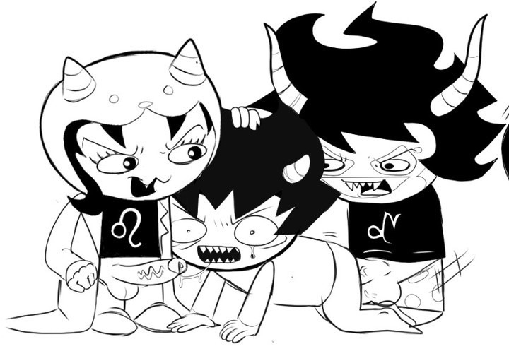1futa, 2boys, accurate art style, female, funny, futa on male, futanari, gamzee makara, homestuck, intersex, karkat vantas, male, male on male, nepeta leijon, smilegrenade, style parody, tagme