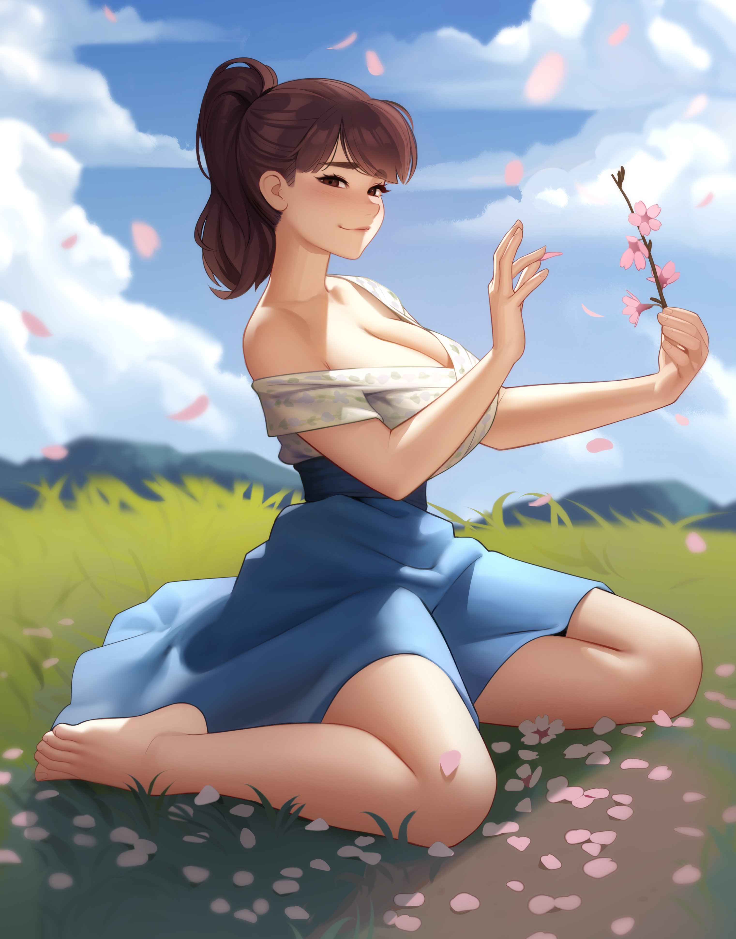 1girls, bangs, bare shoulders, barefoot, big breasts, blue skirt, blush, blush lines, breasts, breasts squeezed together, cherry blossoms, cleavage, cleavage window, clothes, cloud, commission, commissioner upload, dress, feet, female, fully clothed, grass, highres, holding flower, holding object, human, kairuhentai, kairunoburogu, light skin, light-skinned female, lips, looking at viewer, no bra, original, original character, pinup, ponytail, revealing, revealing breasts, revealing clothes, shoulders, sitting, skirt, sky, swept bangs, thick eyebrows, thick thighs, uehara aiko, walkman1979, wardrobe malfunction, white blouse