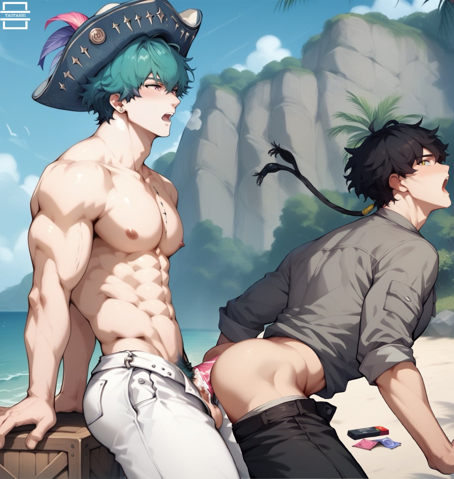 2boys, abs, ai generated, anal, arm support, ass, bangs, bara, beach, belt, black hair, black pants, blush, brant (wuthering waves), breath, clothed sex, clothes pull, cloud, cum, cum in ass, day, earrings, green hair, grey shirt, hat, highres, jewelry, large pectorals, looking at another, male, male focus, male pubic hair, male rover (wuthering waves), multiple boys, multiple males, multiple penises, muscular, navel, nipples, ocean, open fly, open mouth, outdoors, pants, pants down, pants pull, pectorals, penis, pink eyes, pirate hat, pubic hair, rover (wuthering waves), sex, shirt, short hair, side view, sky, tacet mark (wuthering waves), toned, topless, uncensored, veins, water, white pants, wuthering waves, yaoi, yaotashi, yellow eyes