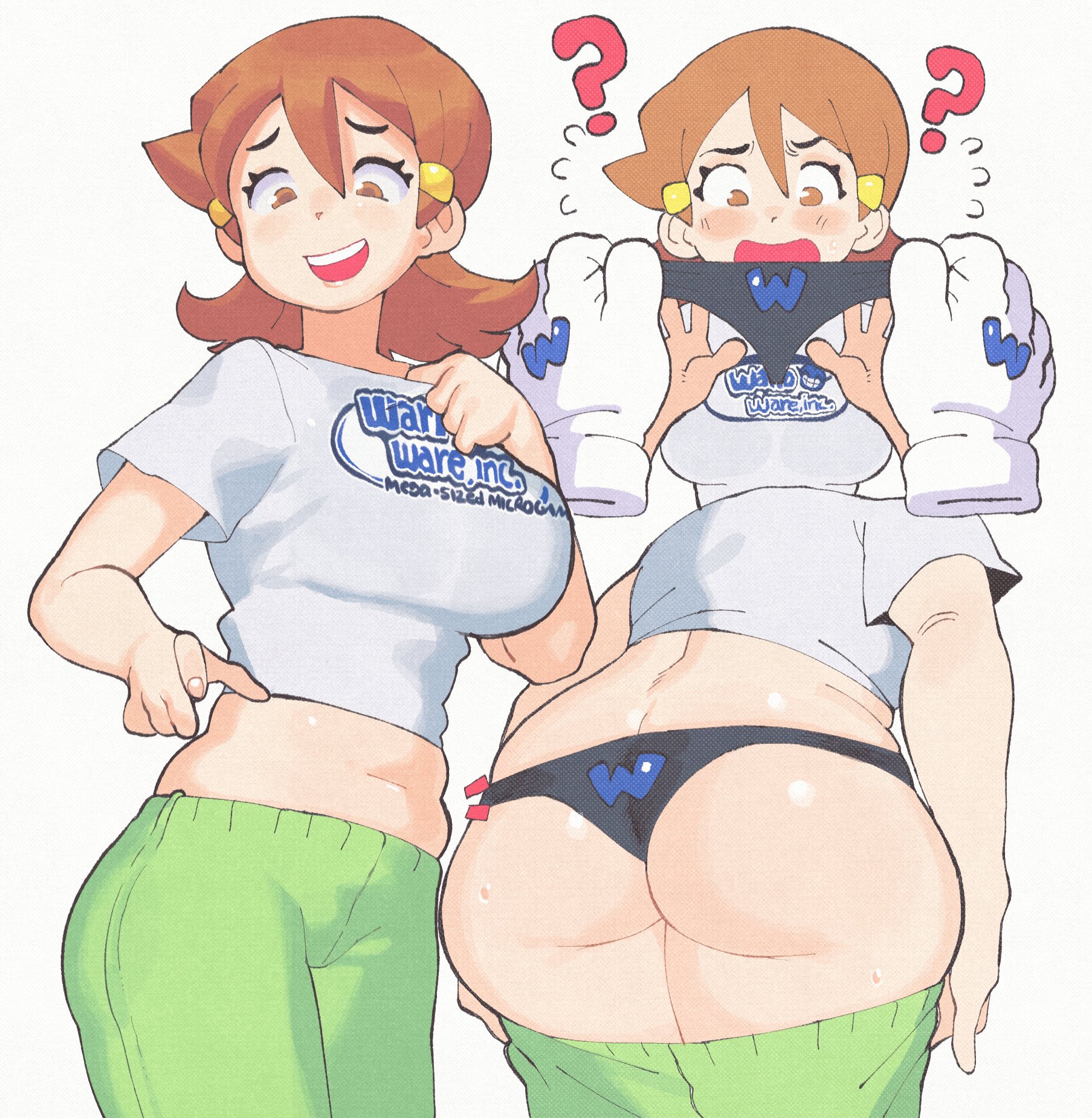 ?, 1boy, 1girls, 2025, 5-volt, ass, back view, belly, belly button, bending forward, bending over, bent over, big ass, big breasts, blush, blushing, breasts, brown eyes, brown hair, busty, clothed, clothed female, clothing, confusion, curvaceous, curvy, dressing, embarrassed, female, female focus, front view, fully clothed, hair, hairclip, hi res, human, inkerton-kun, inkuusan, large ass, large breasts, legs together, light skin, light-skinned female, male, male pov, medium hair, midriff, navel, nintendo, open mouth, panties, pants down, pants pull, partial male, partially clothed, pov, simple background, skindentation, slightly chubby, smile, smiling, solo focus, standing, stomach, sweat, sweatdrop, sweating, sweaty, sweaty ass, sweaty body, sweaty butt, teeth, thick thighs, thighs, underbutt, undressing, unseen male face, voluptuous, wario, warioware, white background, wide hips