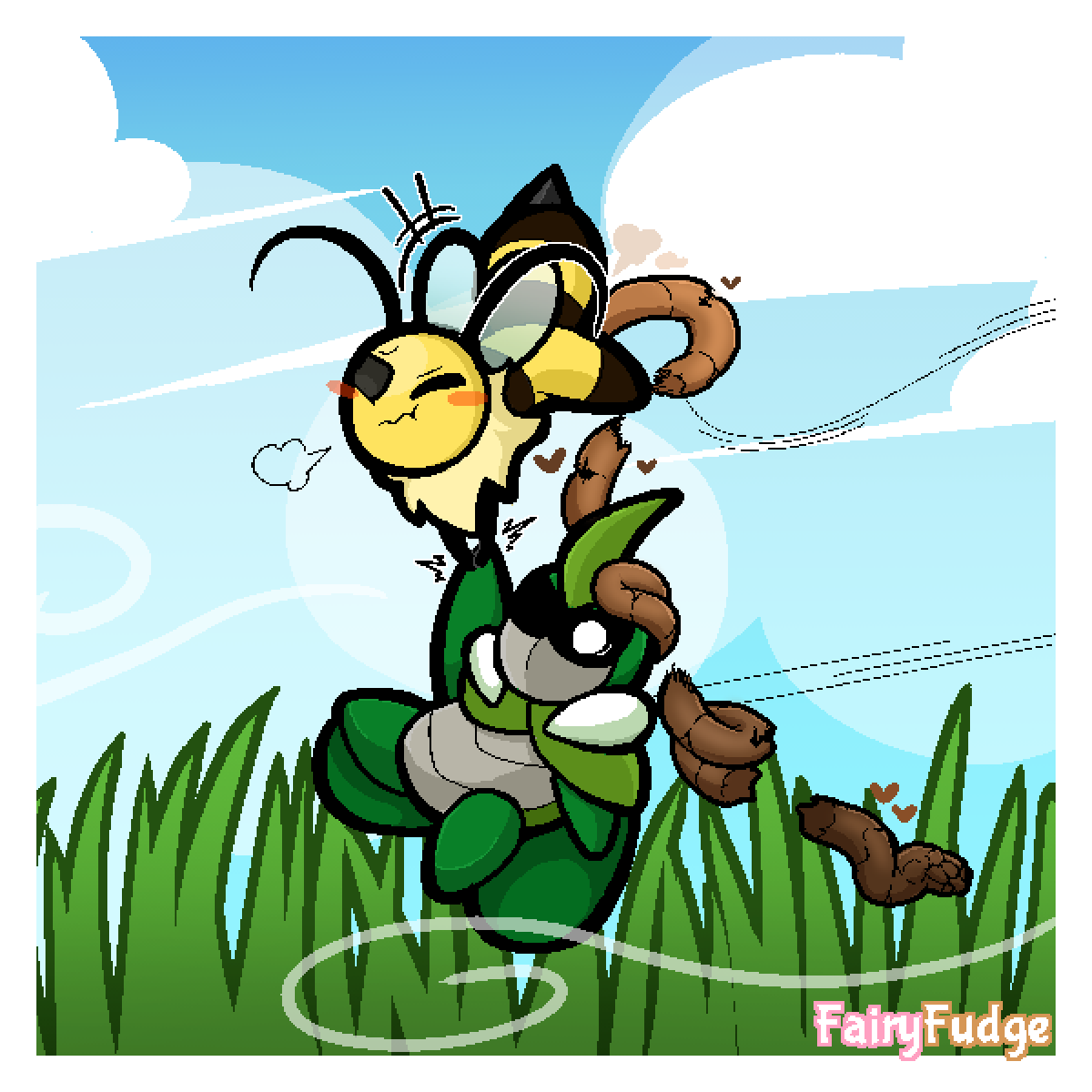 1:1 antennae_(anatomy) anthro arthropod bee beetle blush breath bug_fables carrying_another digital_media_(artwork) duo excessive_feces fairyfudge feces female female_pooping flying grass hand_holding hi_res hymenopteran insects kabbu_(bug_fables) male male/female moonsprout_games neck_tuft one_eye_closed one_eye_obstructed ooping outside plant pooping_on_another pooping_on_face pooping_while_flying scared scat scatplay signature sky tuft vi_(bug_fables) wind wings