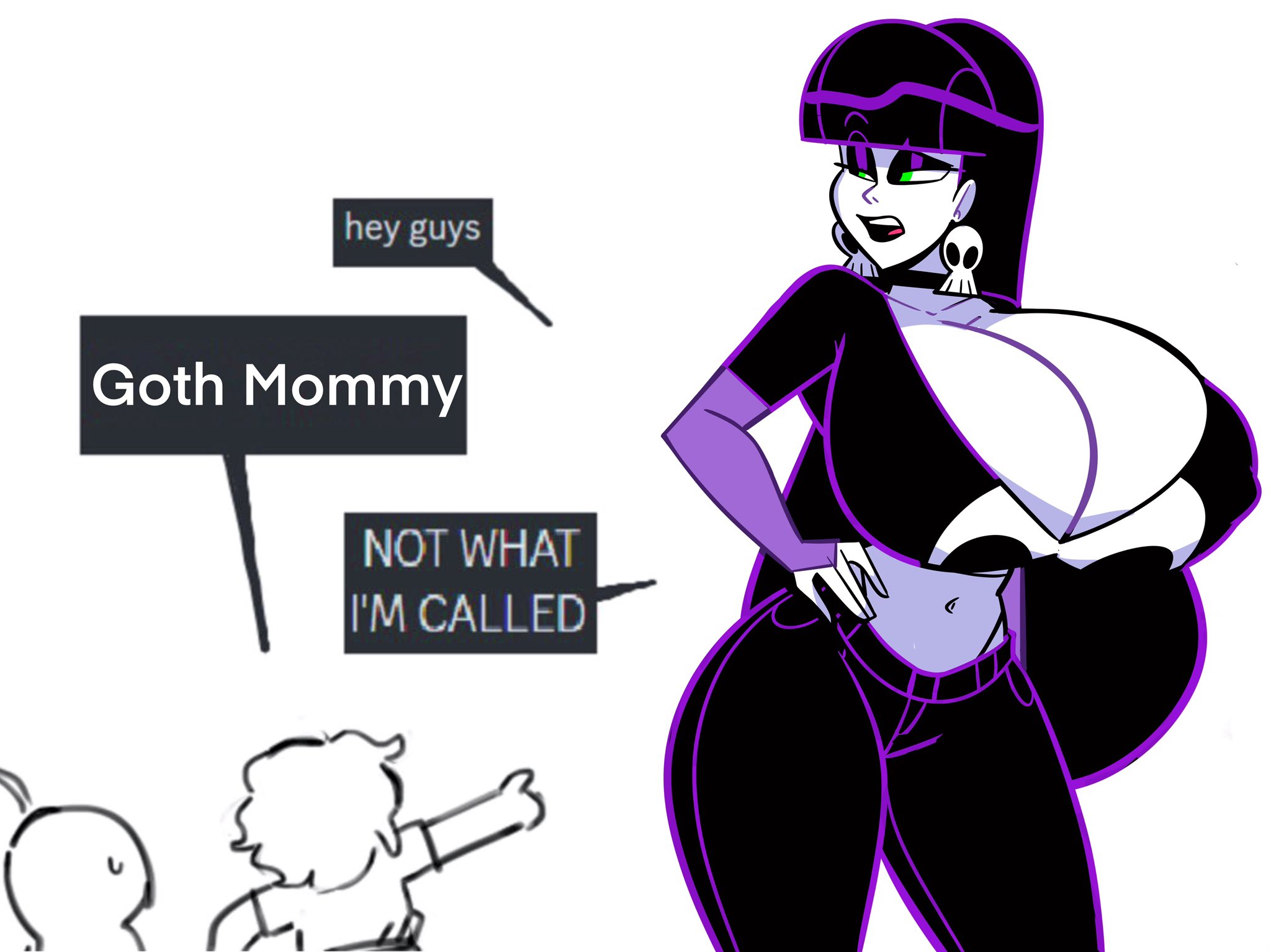 1girls, 2025, ass, atomickingboo, big ass, big breasts, breasts, breasts bigger than head, clothed, clothed female, clothing, collar, crop top, dialogue, dialogue box, ear piercing, earrings, english, english dialogue, english text, female, female focus, female only, fully clothed, fully clothed female, goth, goth girl, gothic, gothic girl, huge breasts, light skin, light-skinned female, lindel dollice quilten, long hair, meme, meme reference, midriff, mommy, mommy kink, not what i'm called, oc, original, original character, pale skin, pale-skinned female, pierced ears, piercing, piercings, skull earrings, solo, solo female, solo focus, speech box, text, text box, the besties (atomickingboo), thick thighs, thighs