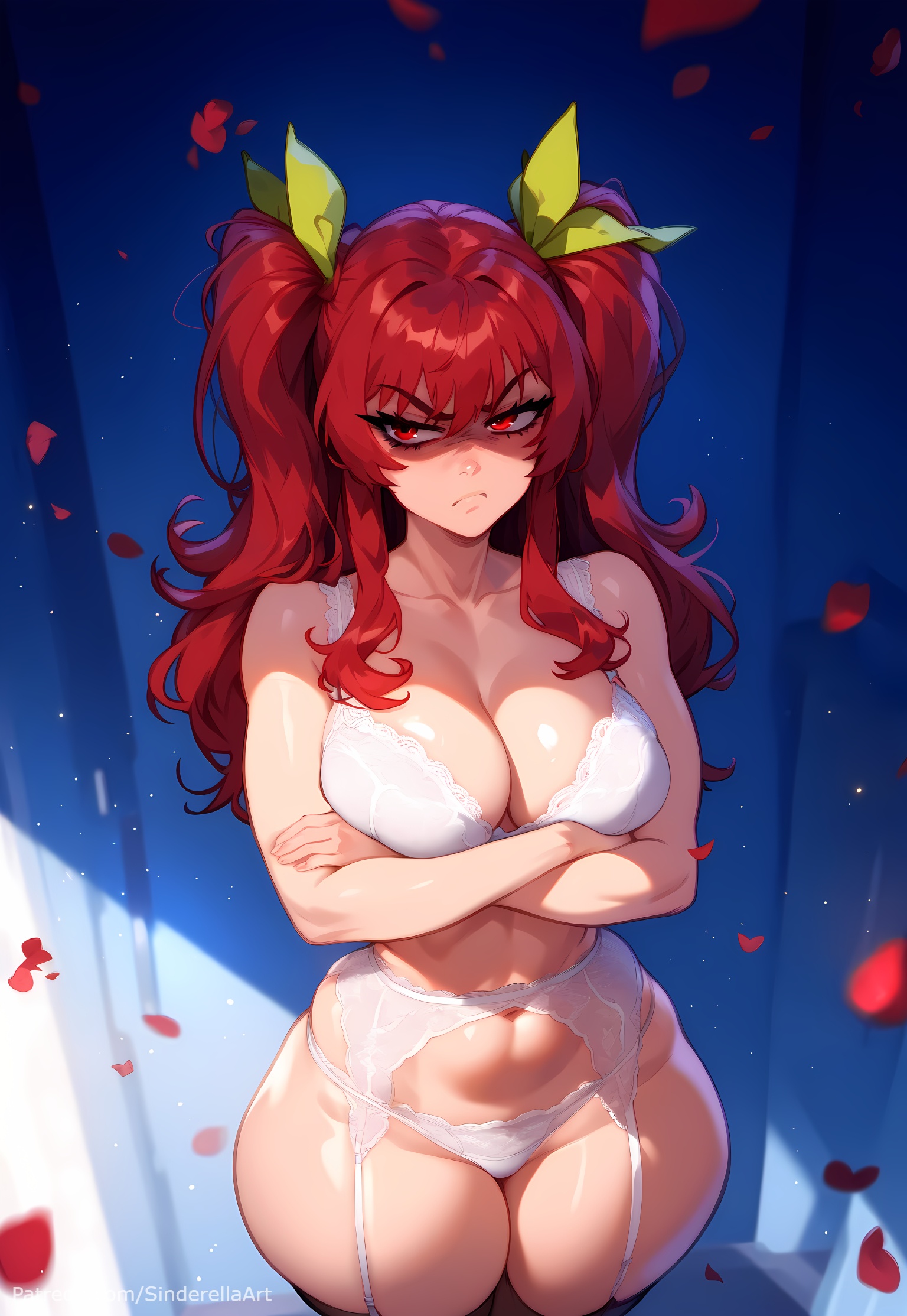 ai generated, arm under breasts, artist name, bra, breast hold, breasts, busty, cherry blossoms, cleavage, collarbone, commission, crossed arms, falling petals, female, garter belt, large breasts, lingerie, long hair, looking at viewer, navel, panties, patreon, patreon url, patreon username, petals, rakudai kishi no cavalry, red eyes, red hair, rose petals, sinderellaart, solo, stella vermillion, thick, thighhighs, twintails, underwear, voluptuous, white bra, white legwear, white panties