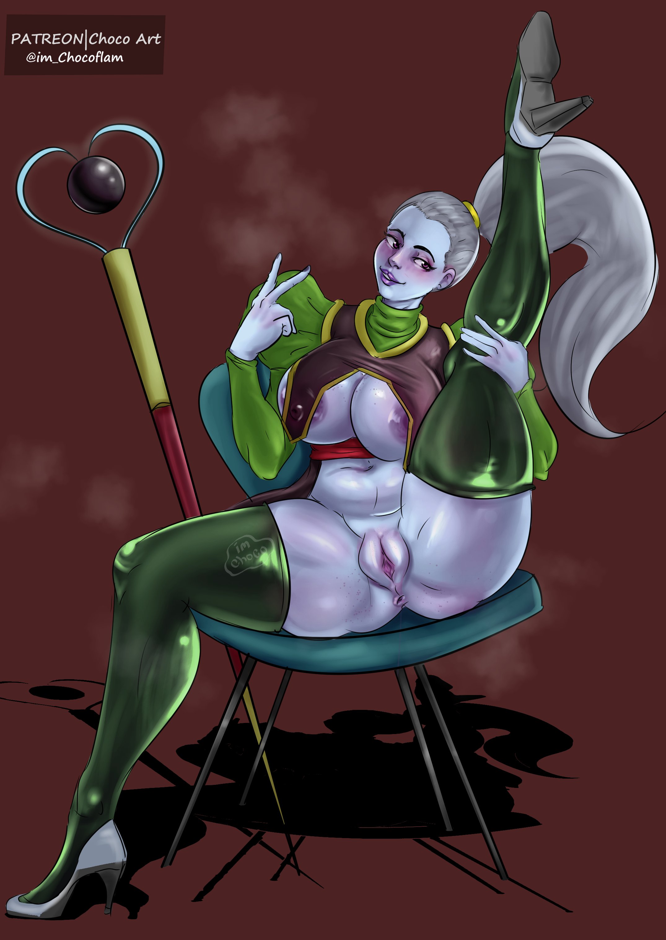 1girls, anus, big breasts, blue skin, breasts, chocoflan, dragon ball, dragon ball super, female, female only, nipples, pussy, solo, vados, white hair