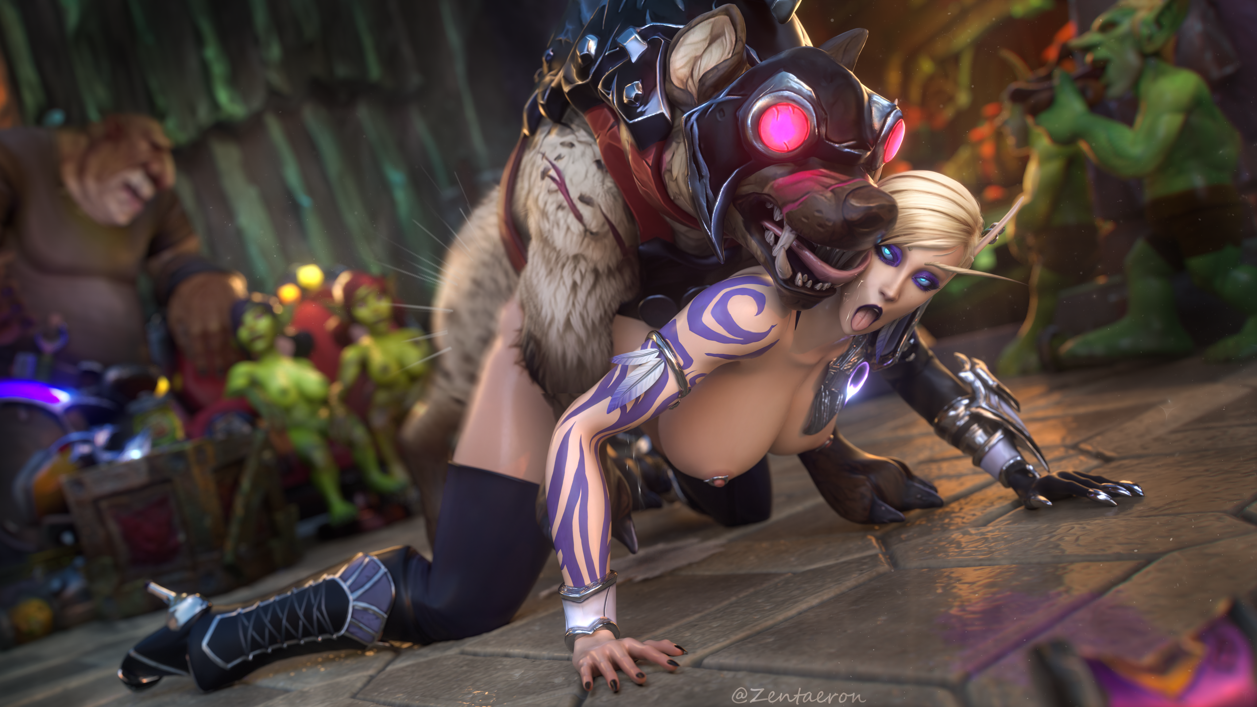 1girls, 3d, ahe gao, alleria windrunner, big breasts, blizzard entertainment, blood elf, breasts, doggy style, female, goblin, goblin female, goblin male, hyena, male, nipple piercing, nipples, piercing, public, public sex, world of warcraft, zentaeron, zoophilia