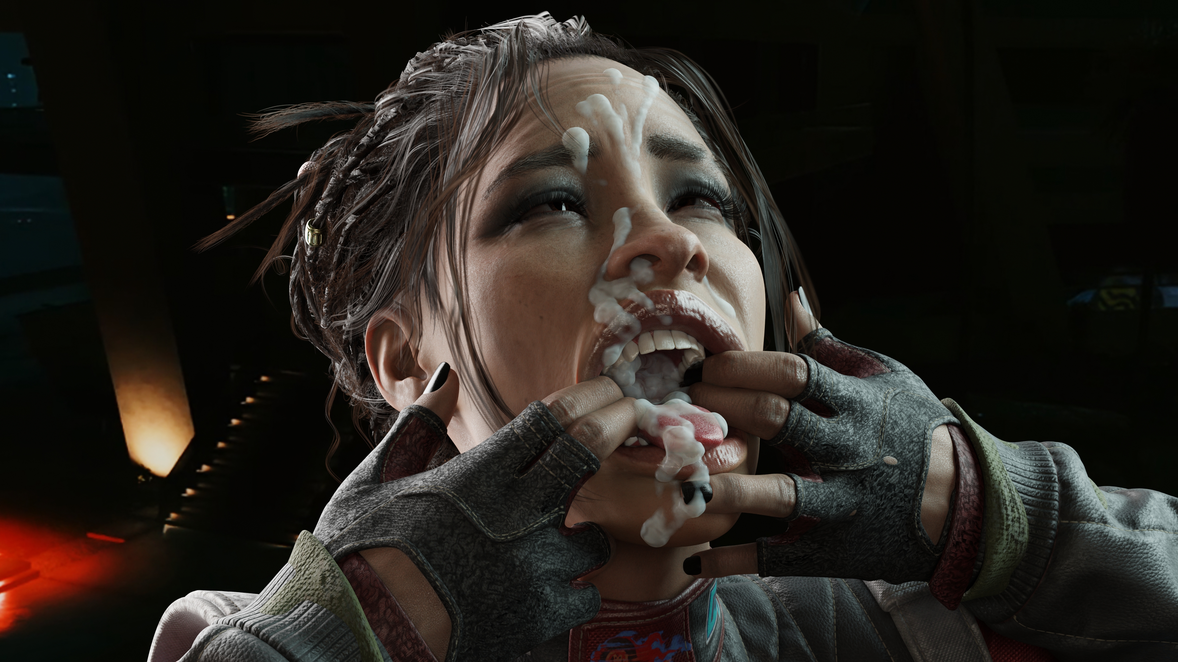 1girls, 3d, cd projekt red, cum, cum in mouth, cum on face, cyberpunk 2077, dark skin, dark-skinned female, female, female only, godwentnorth, native american, open mouth, panam palmer, solo, tongue, tongue out
