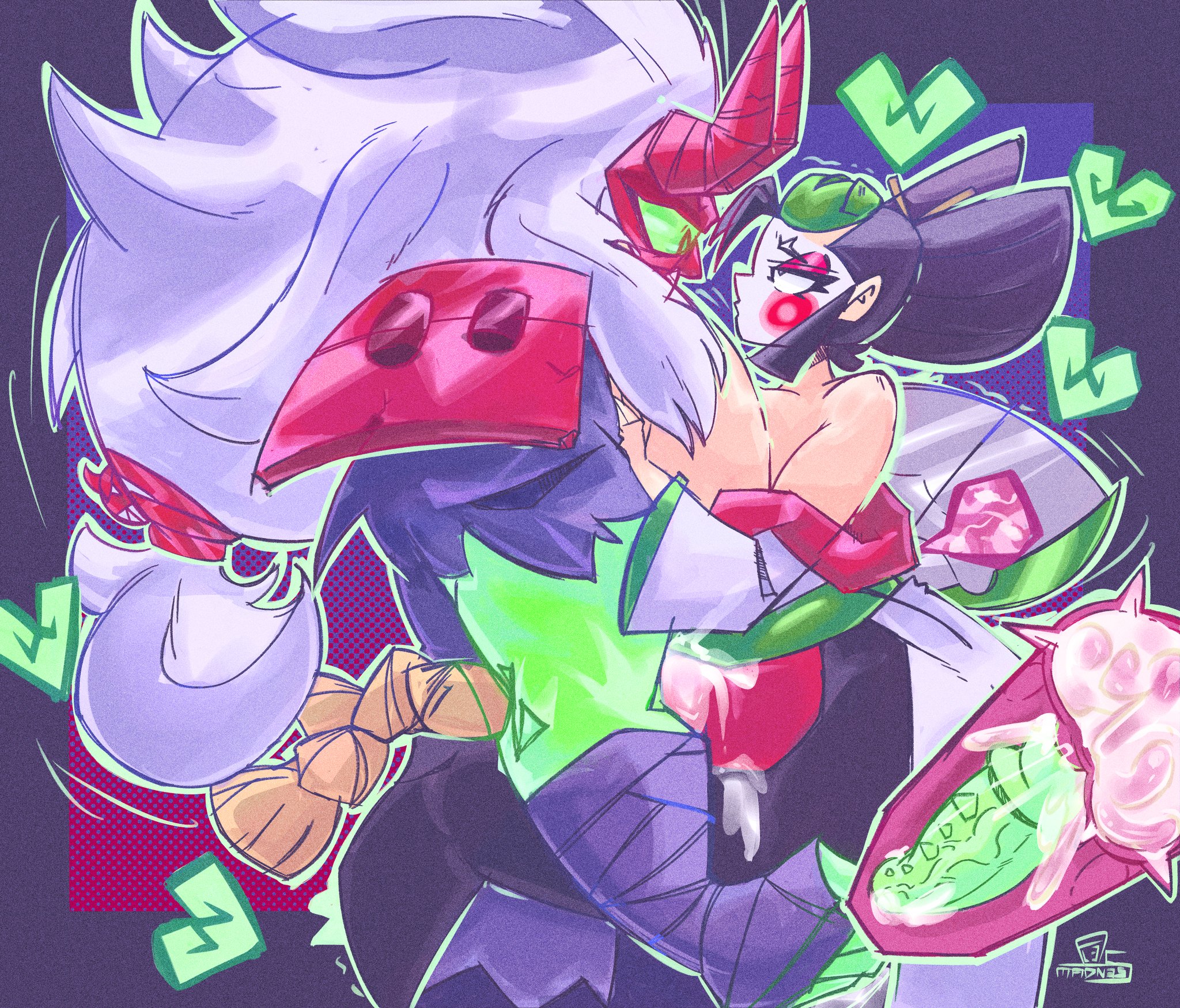 1boy, 1girls, alesmadness1, ass, brawl stars, breasts, cum, cum drip, cum in pussy, cum inside, female, fully clothed, geisha, gigantic breasts, grabbing, grabbing ass, green body, green eyes, green skin, huge ass, huge breasts, huge cock, impregnation, kaze (brawl stars), kenji (brawl stars), male, monster boy, monster cock, monster on female, oni, oni horns, oni kenji (brawl stars), ovulating, ovulation, ovum, ovum with heart, penis, pussy, size difference, supercell, white hair, x-ray view