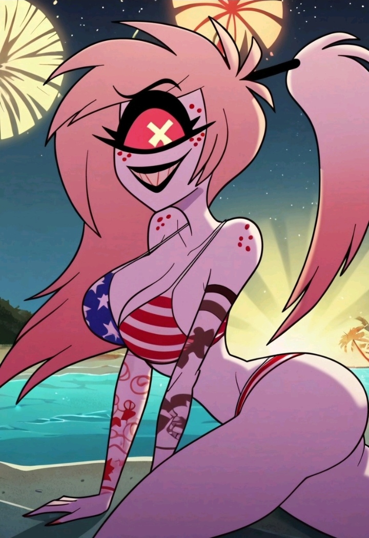 1girls 2025 ai_generated american_flag_bikini bare_legs bare_shoulders beach big_breasts bikini bikini_top cherri_bomb cherri_bomb_(hazbin_hotel) cleavage cyclops cyclops_girl demon_girl deviantart_link eyelashes fireworks hazbin_hotel hellaverse makerdeviant night one_eye pale-skinned_female ponytail red_eye sinner smile solo solo_female tattoo tattooed_arm tattoos vivienne_medrano vivienne_style white_body