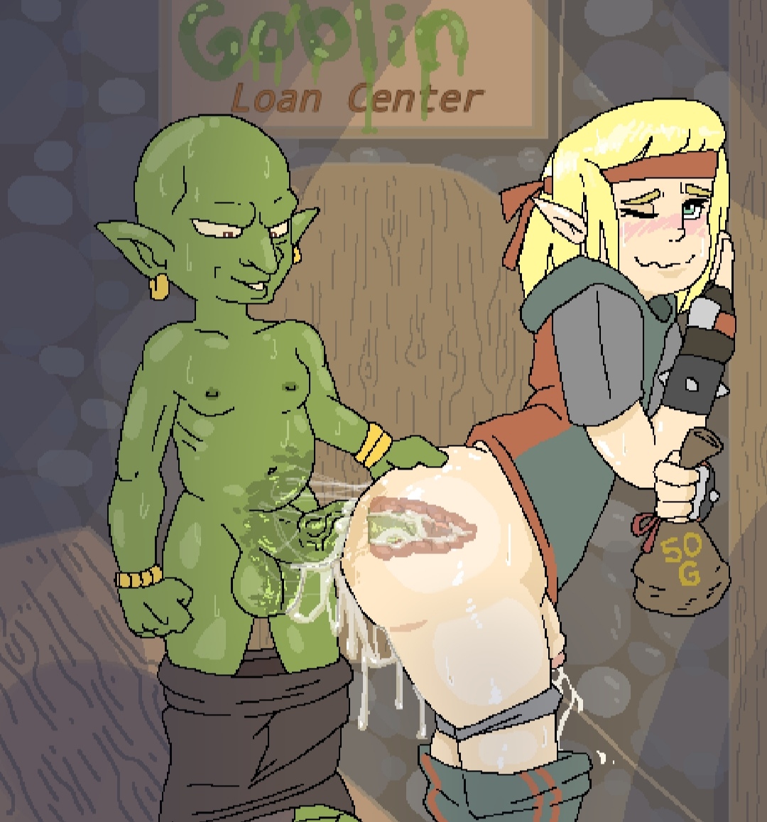 2boys, against wall, anal, anal sex, ass, balls, big ass, big butt, big penis, blonde hair, climax, cum, cum drip, cum in ass, cum inside, cum on body, cumming, cumming together, ejaculation, femboy, femboysub, gay, goblin, green skin, huge cock, interspecies, jewelry, krendel, lot of cum, lowres, male, male on male, male only, male/male, monster, monster sex, not ai generated, panties down, pants down, penis, pixel art, prostitution, rpg, small dom big sub, small penis, standing, standing sex, x-ray, x-ray view, yaoi